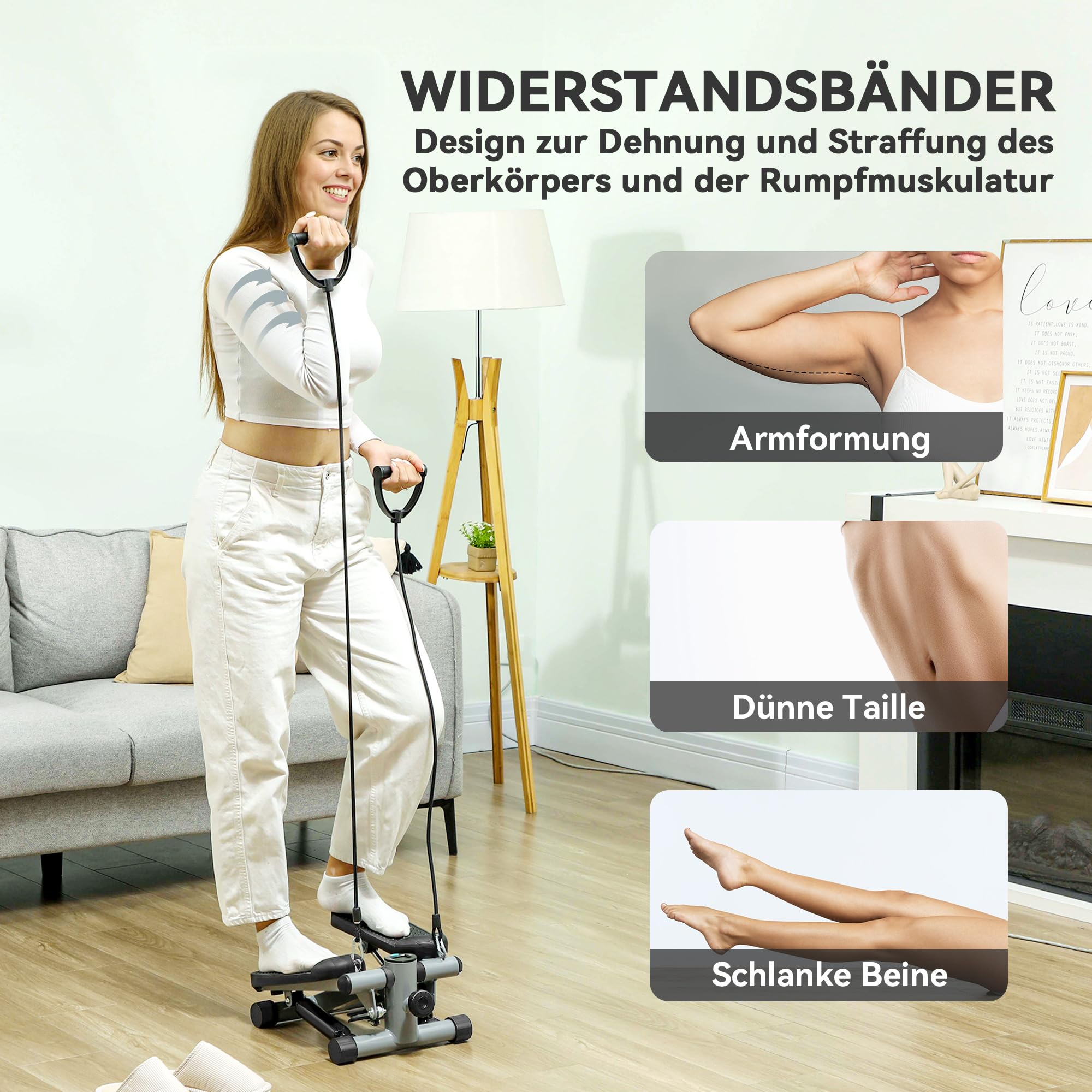 SPORTNOW 2 in 1 Mini-Stepper für Zuhause mit LCD-Display, Stepper Hometrainer mit Power Ropes, Up-Down Swing Stepper für Bein-/Armtraining bis 100 kg, Home Office Fitness Exercise, Grau