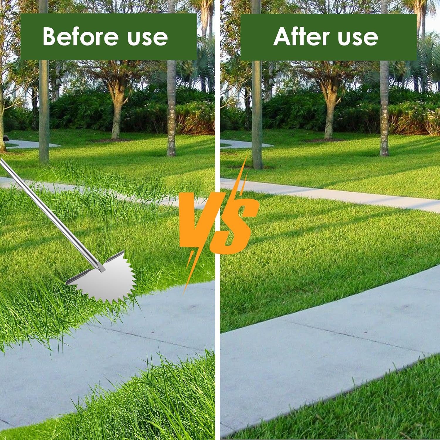 Edger Lawn Tool Half Moon Manual Lawn Edger Stainless Steel Sawtooth Border Edger Long Handled Trimming Shovel Multipurpose Edging Tool for Lawns Garden Flower Beds Driveways Sideways