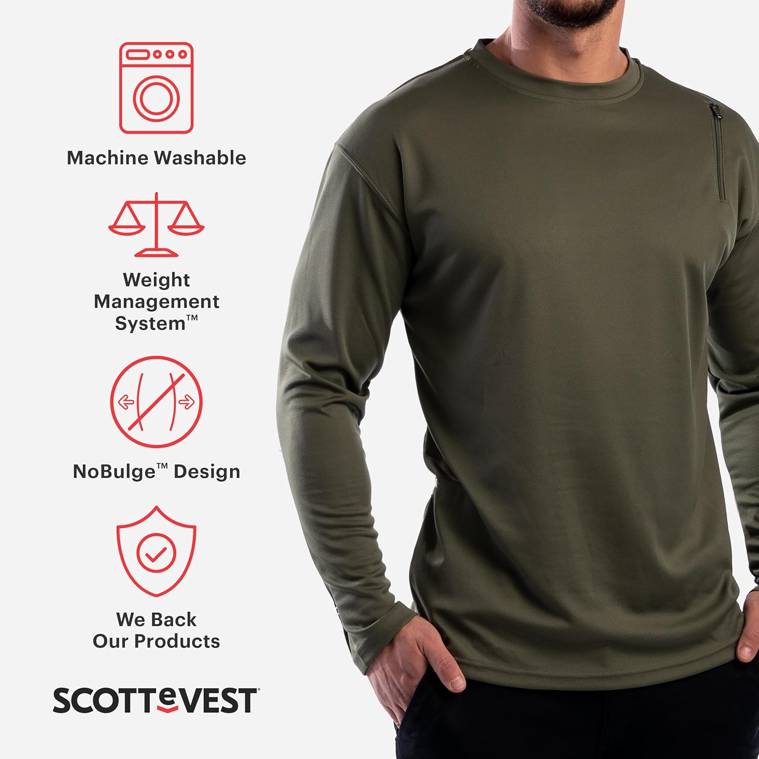SCOTTeVEST Long Sleeve Performance T-Shirt for Men - 3 Hidden Pockets - Moisture Wicking Shirt for Travel & More