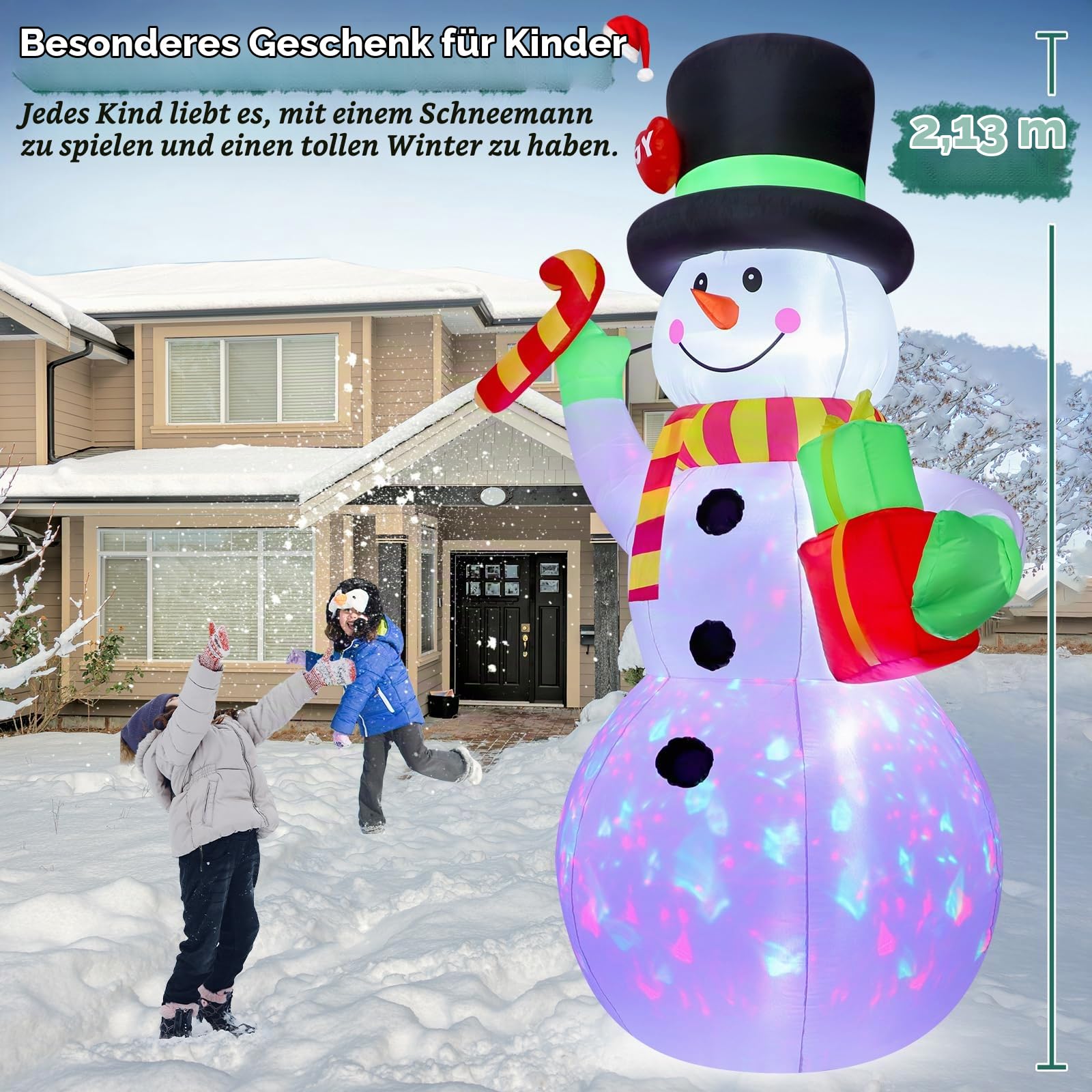 2,13 m Aufblasbarer Schneemann mit Rotierenden Bunten LED-Lichtern | Weihnachtsdeko für Außenbereich mit integriertem Gebläse | Wasserdicht & Sturzsicher für Gärten, Hof und Weihnachtsmärkte
