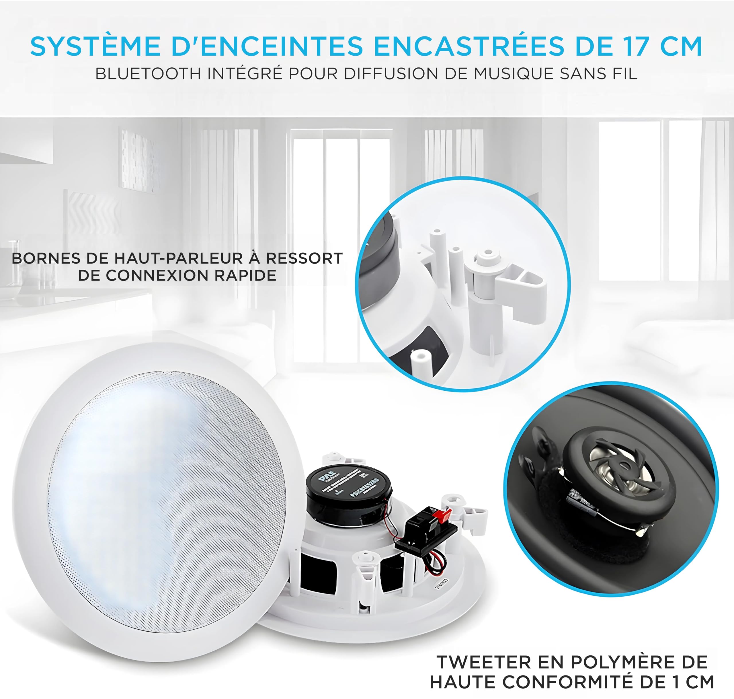 Pyle Enceintes Bluetooth 2 Voies à Encastrer Mur/Plafond avec Connexions Rapides et Grilles Interchangeables