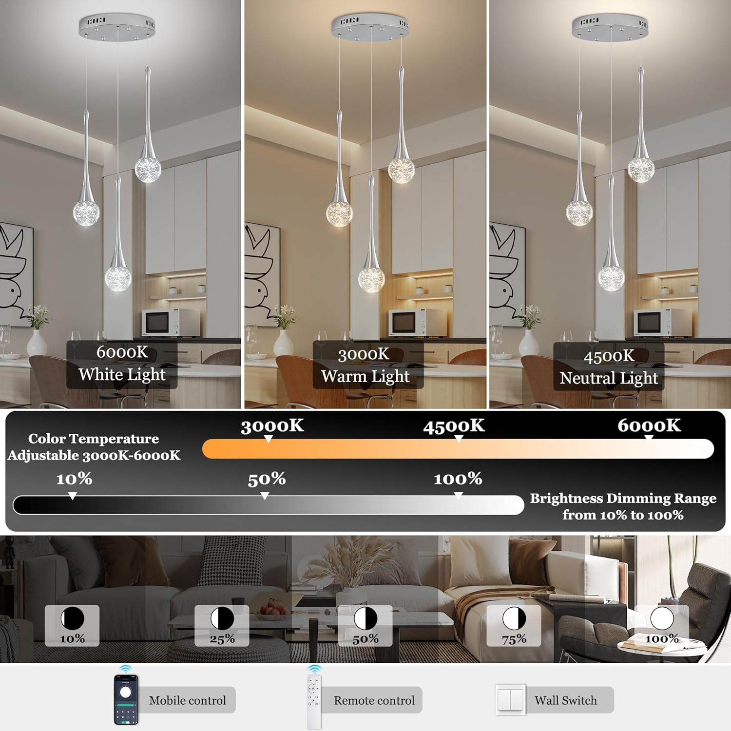 Modern Crystal Kitchen Island Chandelier 3-Lights Chrome, LED Dimmable Raindrop Indoor Lighting Fixture for Dining Room Foyer Entryway Remote Control