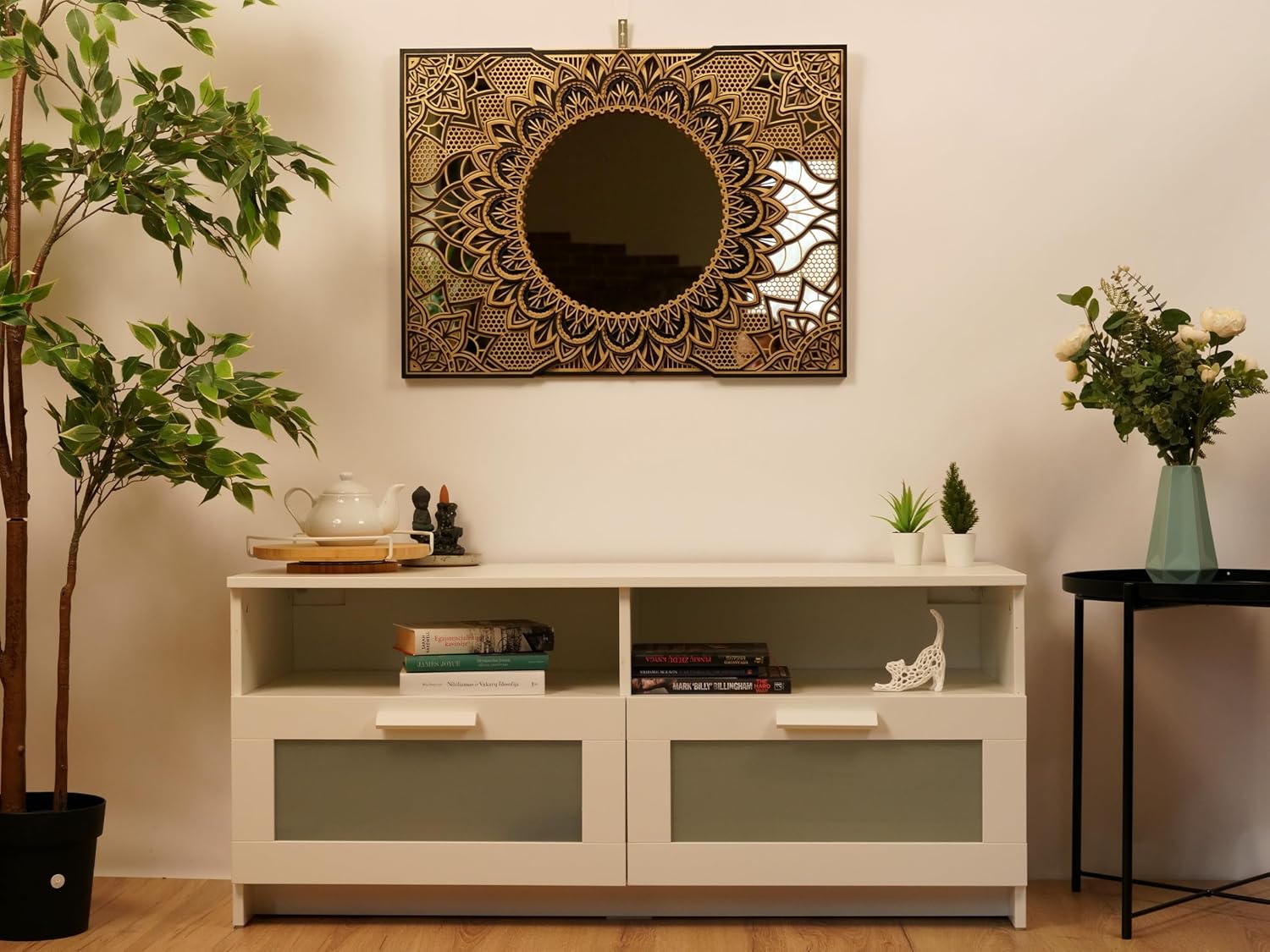 BHDecor Mirror Home Wall Decor – Multilayered Laser Cut Carved Frame Elegant Wooden Mandala Hanging MDF Panels - Rustic Handmade Contemporary Artwork 18.9 x 13.7in (48x35cm), Black/Gold