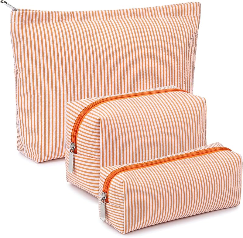 Huhumy Conjunto com 3 Necessaires de Maquiagem em Seersucker, Laranja, Listras Finas