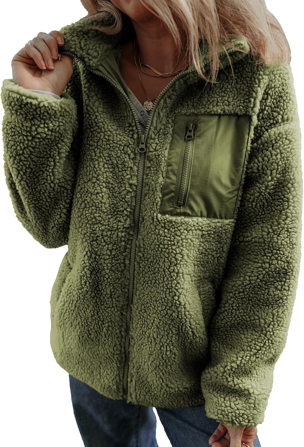 Dokotoo Womens Winter Trendy Full Zipper Fleece Jackets Long Sleeve Relaxed Warm Teddy Coats with Pockets