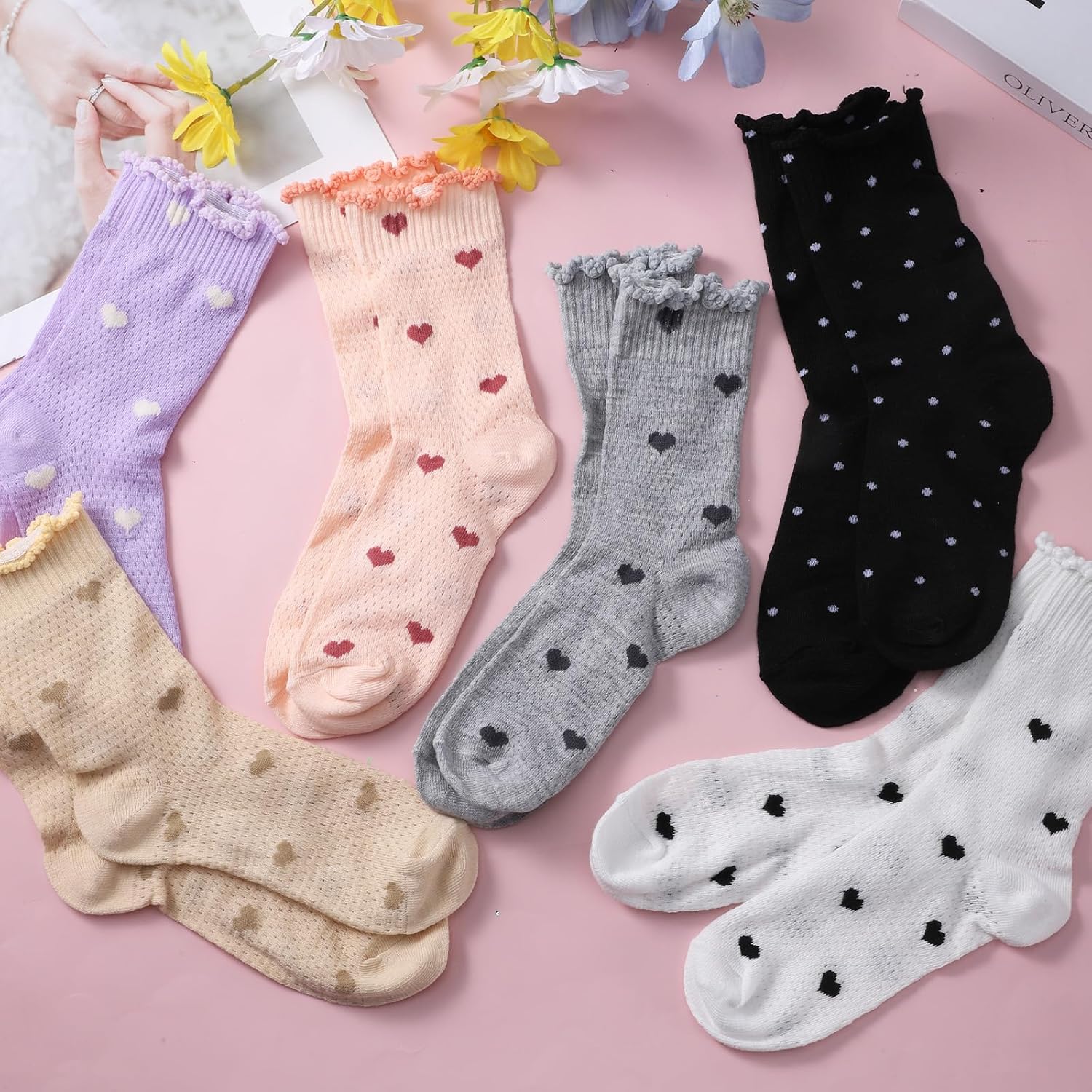 6 Pairs Cute Ruffle Ankle Sock Women's Ruffle Socks Turn-Cuff Frilly Sock Mesh Breathable Thin Socks Knit Cotton Crew Ankle Sockes Gifts for Women, Girls - Image 5