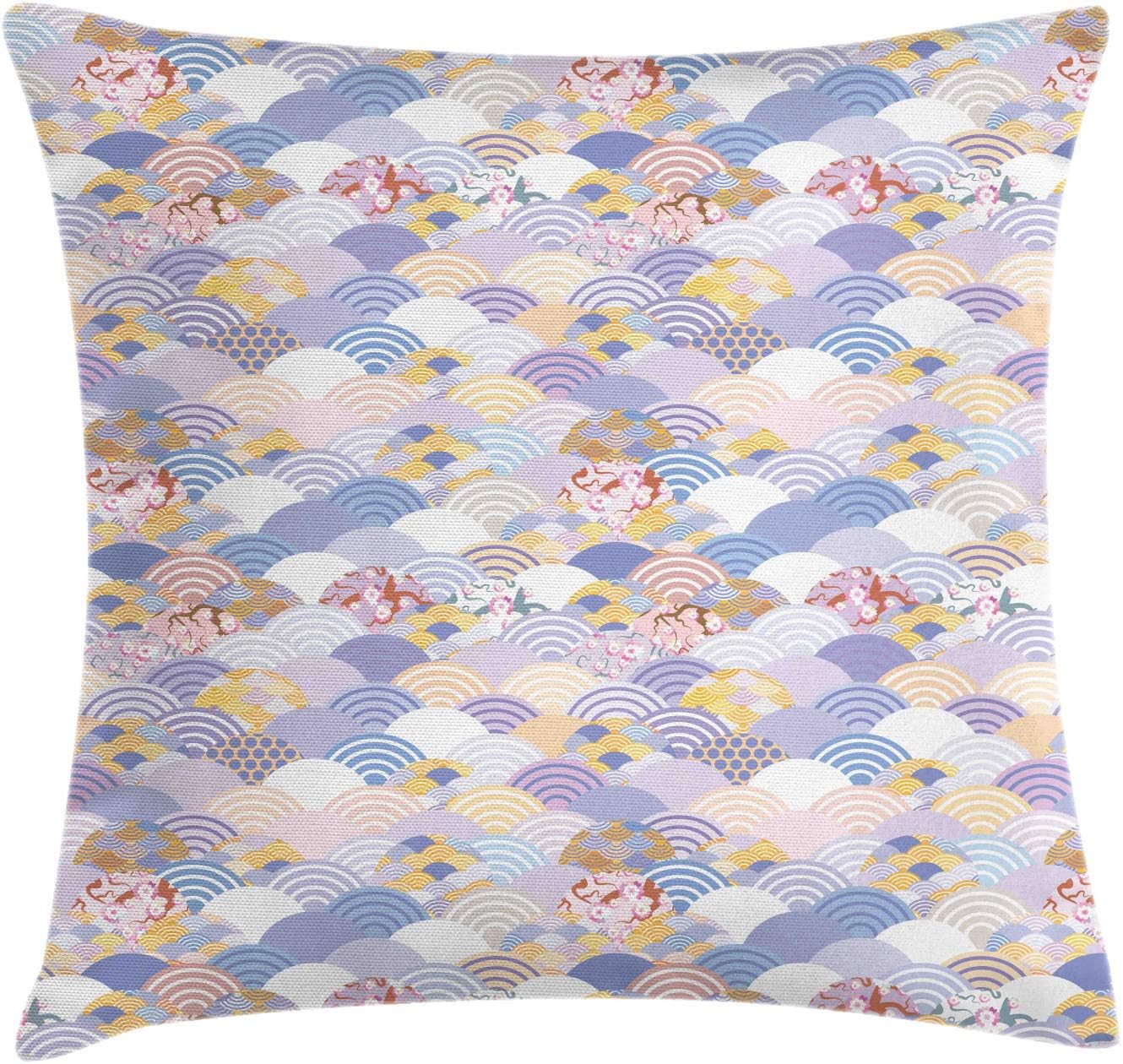 Lunarable Nature Throw Pillow Cushion Cover, Japanese Art Squama Sakura Flower Motifs with Wavy and Dotted Shapes, Decorative Square Accent Pillow Case, 18" X 18", Ceil Blue and Multicolor