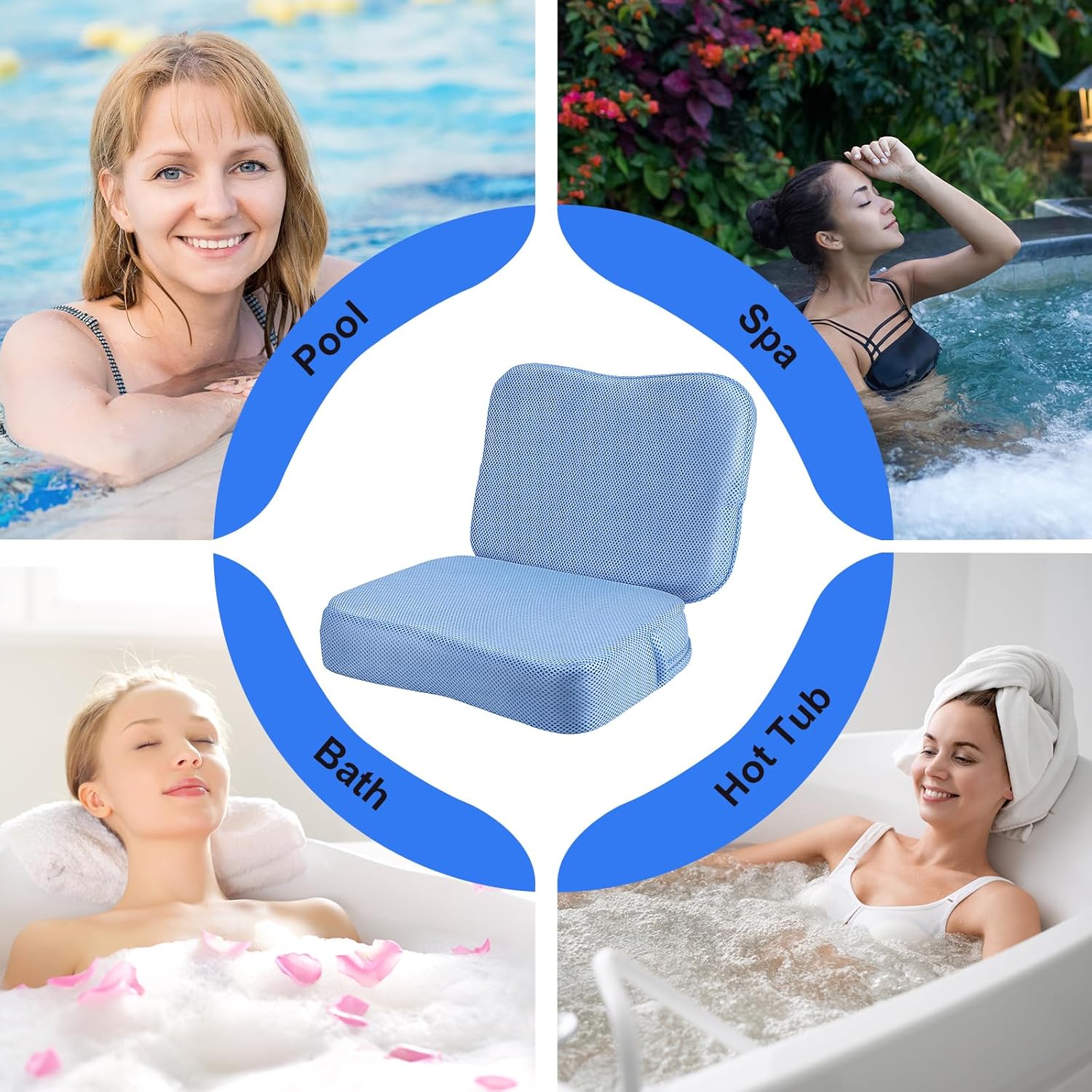 Foldable Hot Tub Booster Seat for Adults, 3D Air Mesh Spa Cushion Quick Dry Water Absorbent Non-Slip for Bathtub Pool Spa, 1 Pack (Blue)