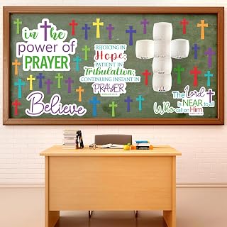 80 Pcs 3D Christian Bulletin Board Decorations Sets Power of Prayer Cross Classroom Bulletin Board Religious Bible Verse Cutouts Border Trim for Sunday School Church Chalkboard Wall Decor