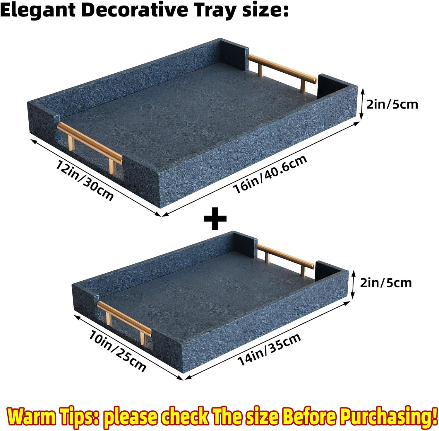 Modern Decorative Tray Set of 2, Blue Shagreen Leather Tray, Rectangle Serving Trays with Gold Polished Metal Handles, Ottoman Trays Coffee Table Perfume Kitchen Home Decor