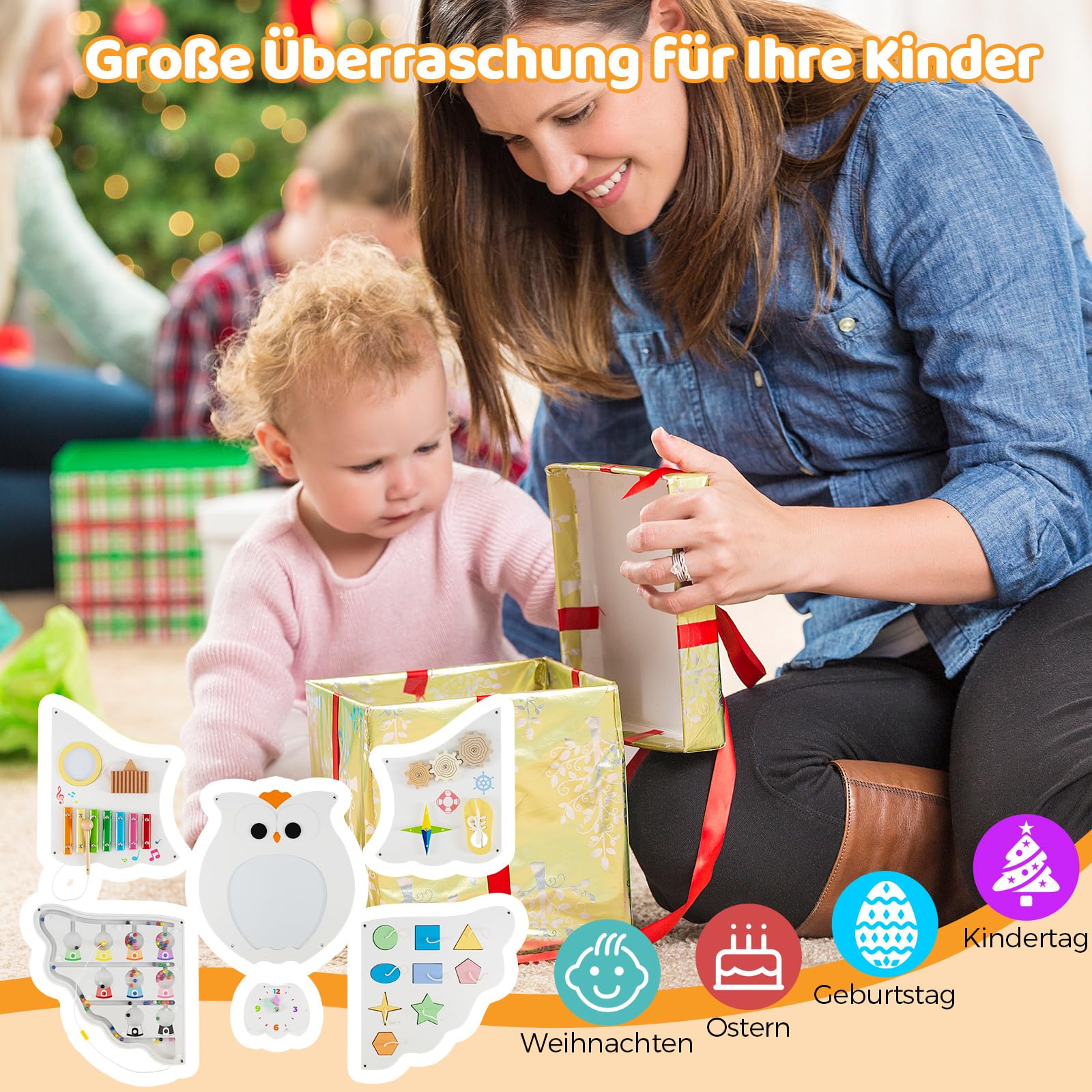 COSTWAY Montessori deska motoryczna, 11 w 1 Busy Board drewniana z tablicą magnetyczną i zegarem i ksylofonem, zabawka Montessori, deskorolka motoryczna dla dzieci od 1 roku życia