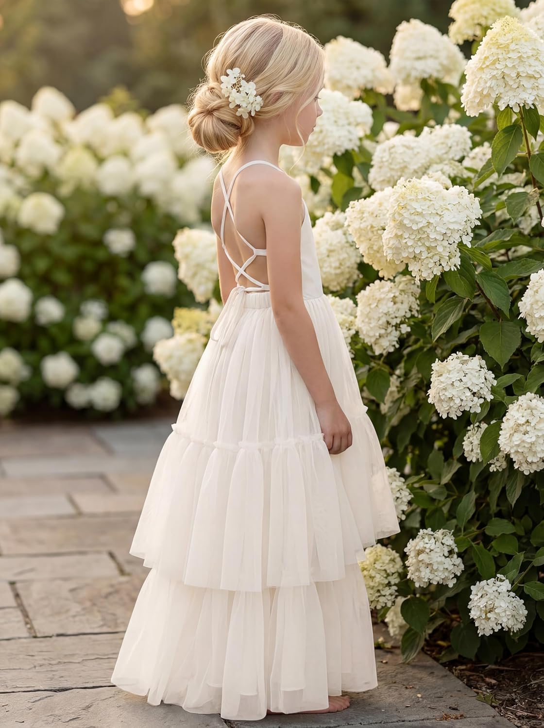 Boho Flower Girl Dress Tulle Backless Layered Ruffle Maxi Dress for Beach Wedding Photoshoot Formal Party Dresses