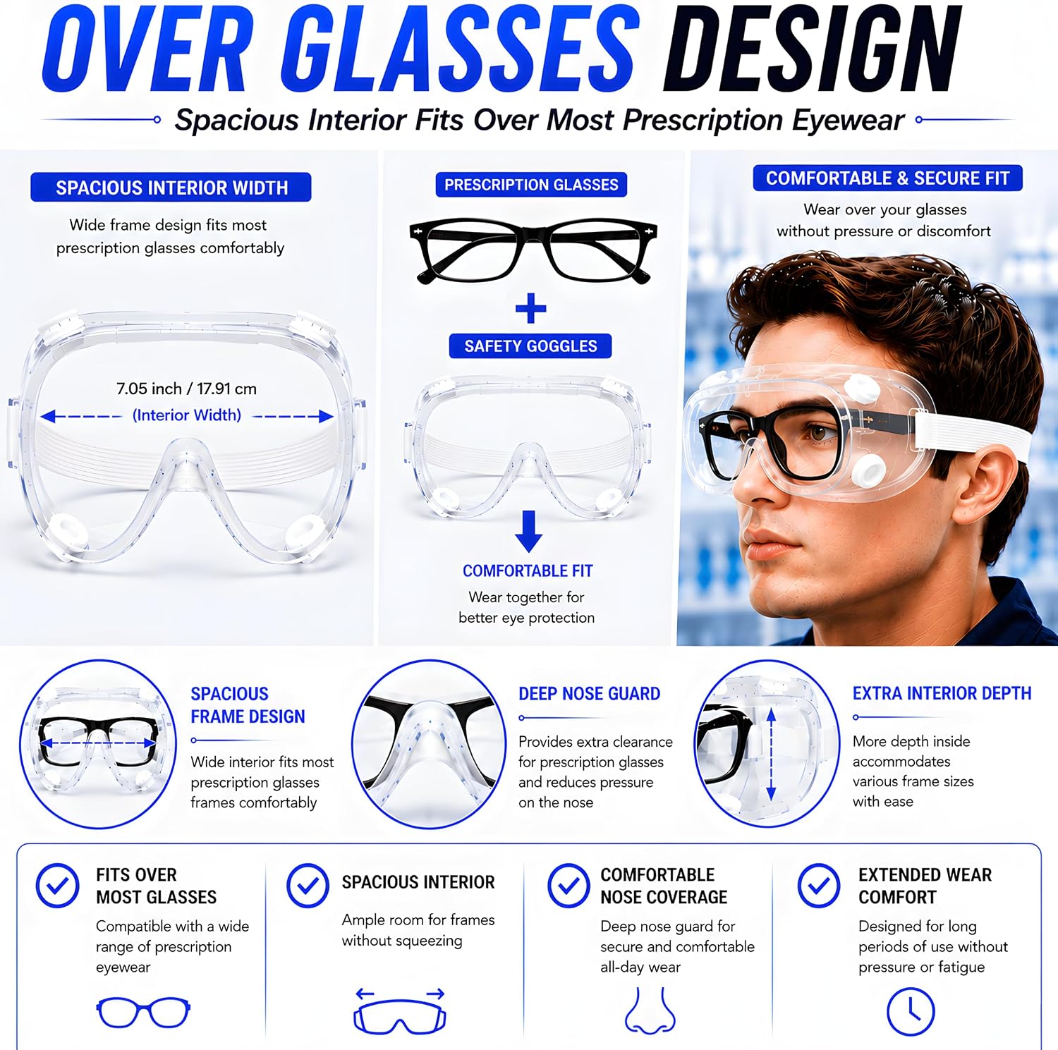 Safety Goggles Over Glasses, Anti Fog Protective Eyewear for Chemistry Lab, Woodworking, Mowing, Construction