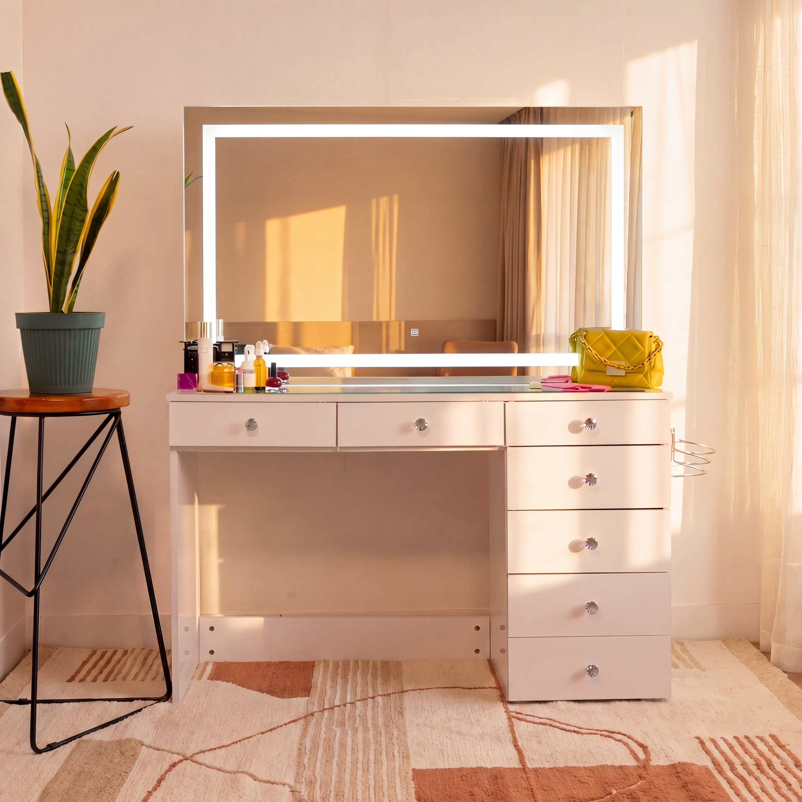 Photo 1 of [Partial Set] Boahaus Cleo Vanity Desk with LED Lighted Mirror – 7 Drawer Makeup Station with Integrated Power
