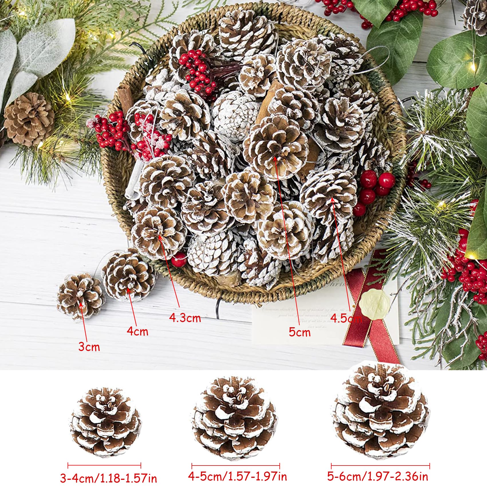 POTWPOT 20Pcs Snow Pine Cones Large Pine Cones with String for Craft Winter Holiday Hanging Ornament Home Decorations (5-6cm) - Image 4
