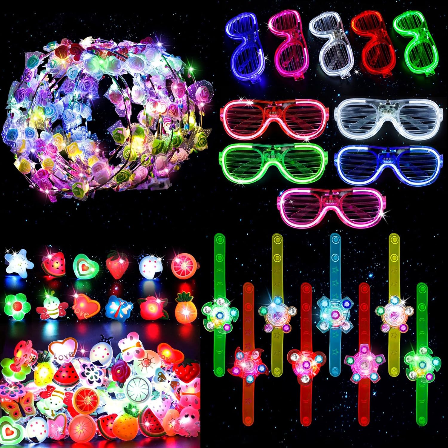 LovesTown Glow Party Bundle – 24 LED Fidget Spinner Bracelets + 20 Light-Up Glasses, Multi-Color Flashing Toys for Kids and Adults, Birthday Gifts, Parades, Festivals, Dance Events, Classroom Prizes