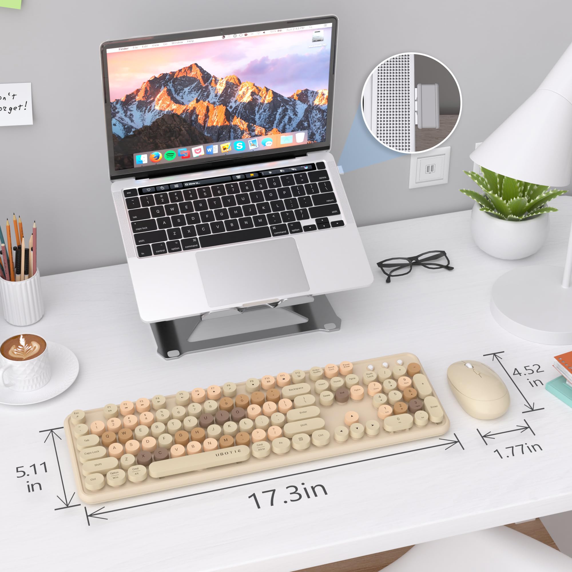 UBOTIE Colorido teclado inalámbrico para computadora, mouse Combos, máquinas de escribir, teclas flexibles para oficina, teclado de tamaño completo, conexión sin abandono de 2.4 GHz y mouse óptico (té