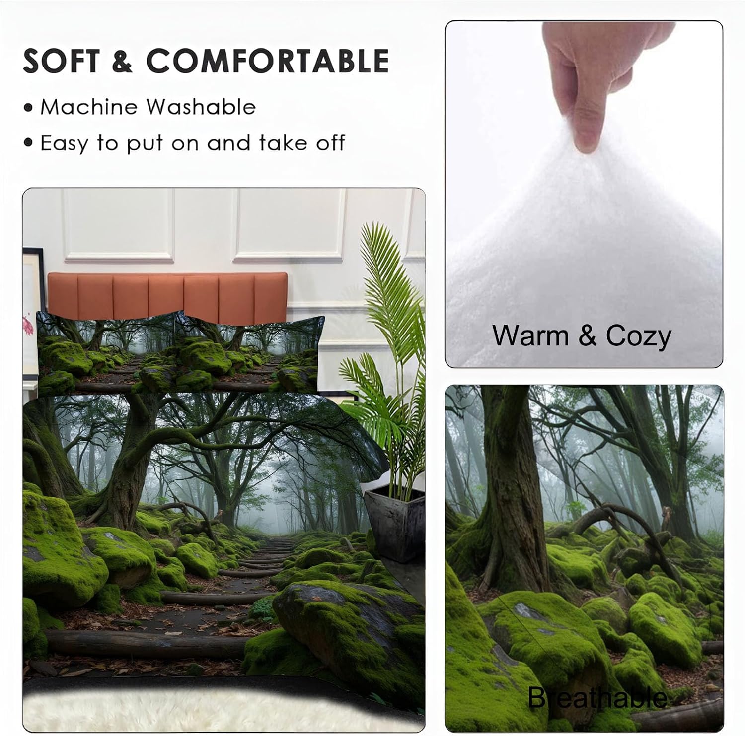 Tranquil and Mysterious Comforter Set King Size, Primeval Mossy Forest Bedding Set for Girls Boys, Dark Green Quilt Bed 104"X90" Bedding Comforter Sets with 2 Pillowcase Room Decor