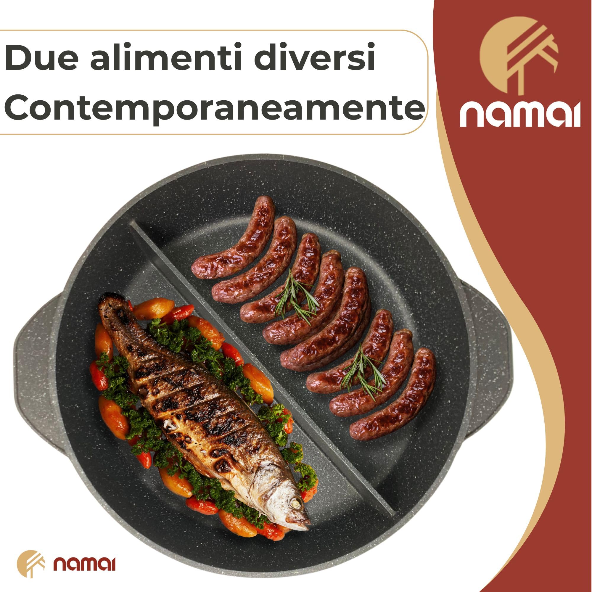 NAMAI - Pentola Divisa In Due Scomparti, 32 CM x 8 CM, Alluminio Pressofuso, Antiaderente, Lavabile In Lavastoviglie, No Induzione, Pentola Doppia Cottura, Made In Italy