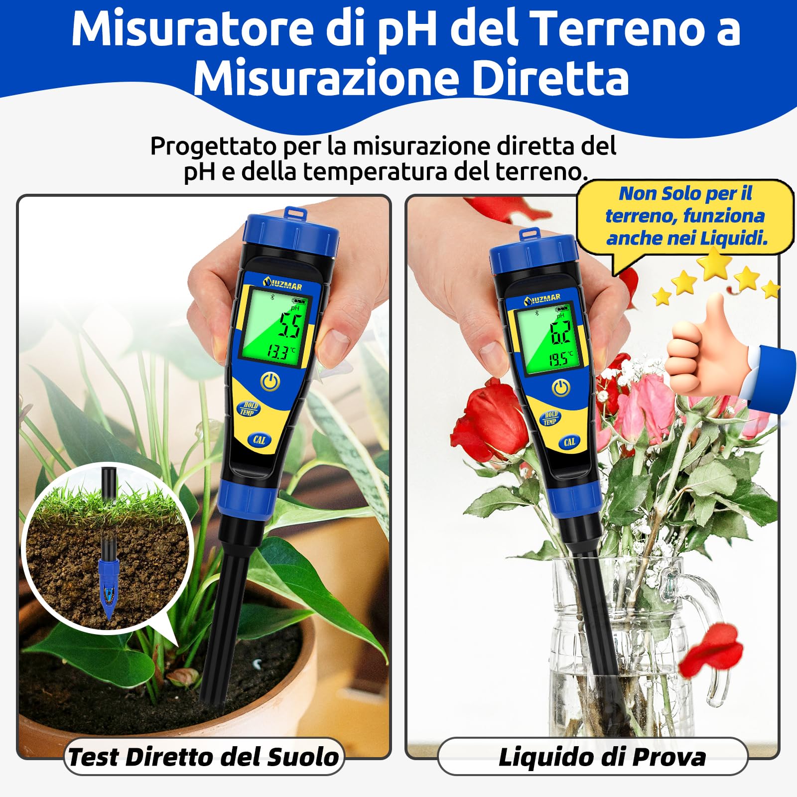 UIUZMAR Misuratore del pH del Terreno, Misuratore Digitale pH Suolo Pianta | Prato da Giardino Kit di Tester pH Terreno per Erba, Serra, Agricoltura, Tester del pH del Terreno per Acqua, Alimenti
