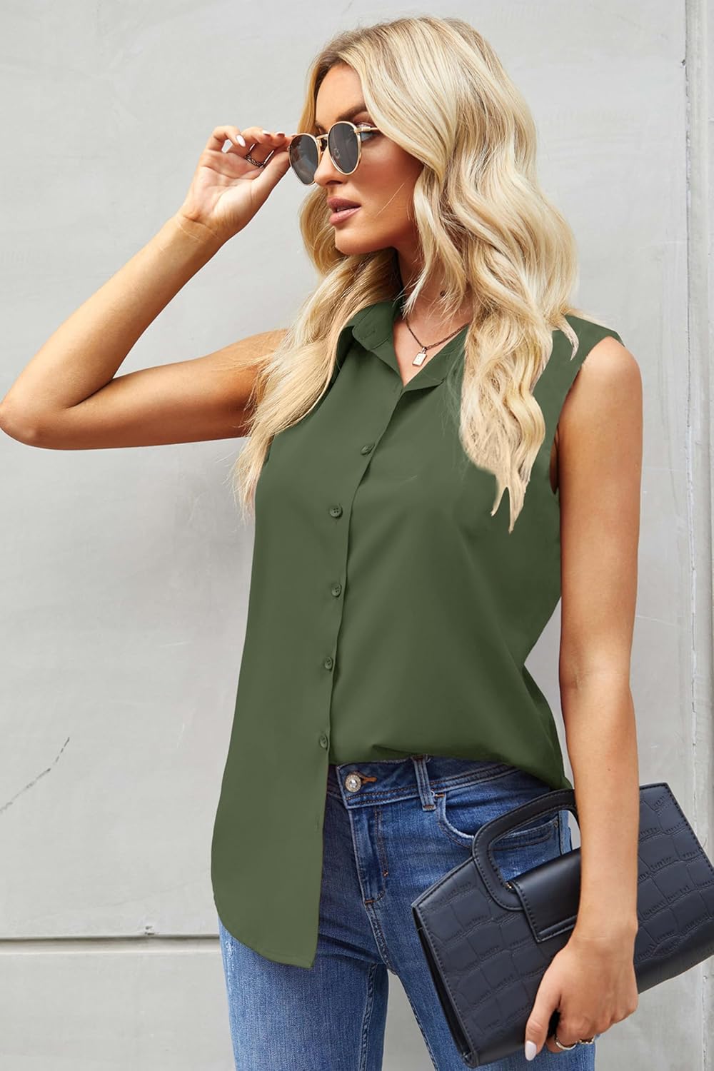 Zeagoo Women's Sleeveless Button Down Shirts Blouses Casual Loose V Neck Tank Tops for Work S-XXL - Image 2