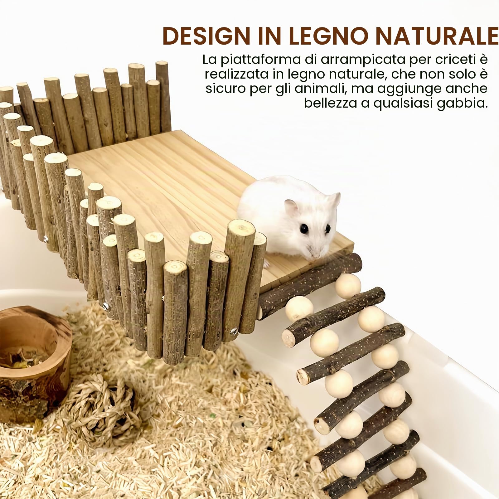 Piattaforma di criceto in legno con scala, robusto parco giochi per animali domestici come criceti, criceti d'oro e topi – Montaggio semplice con viti