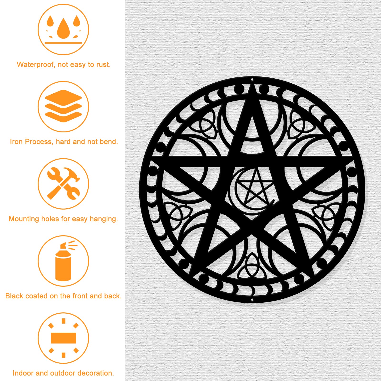 Arte de pared de triple luna, 11.8 pulgadas, decoración de pared de metal negro para colgar en la pared, silueta de pentagrama, decoración wicca para dormitorio, sala de estar, oficina, cocina, 5