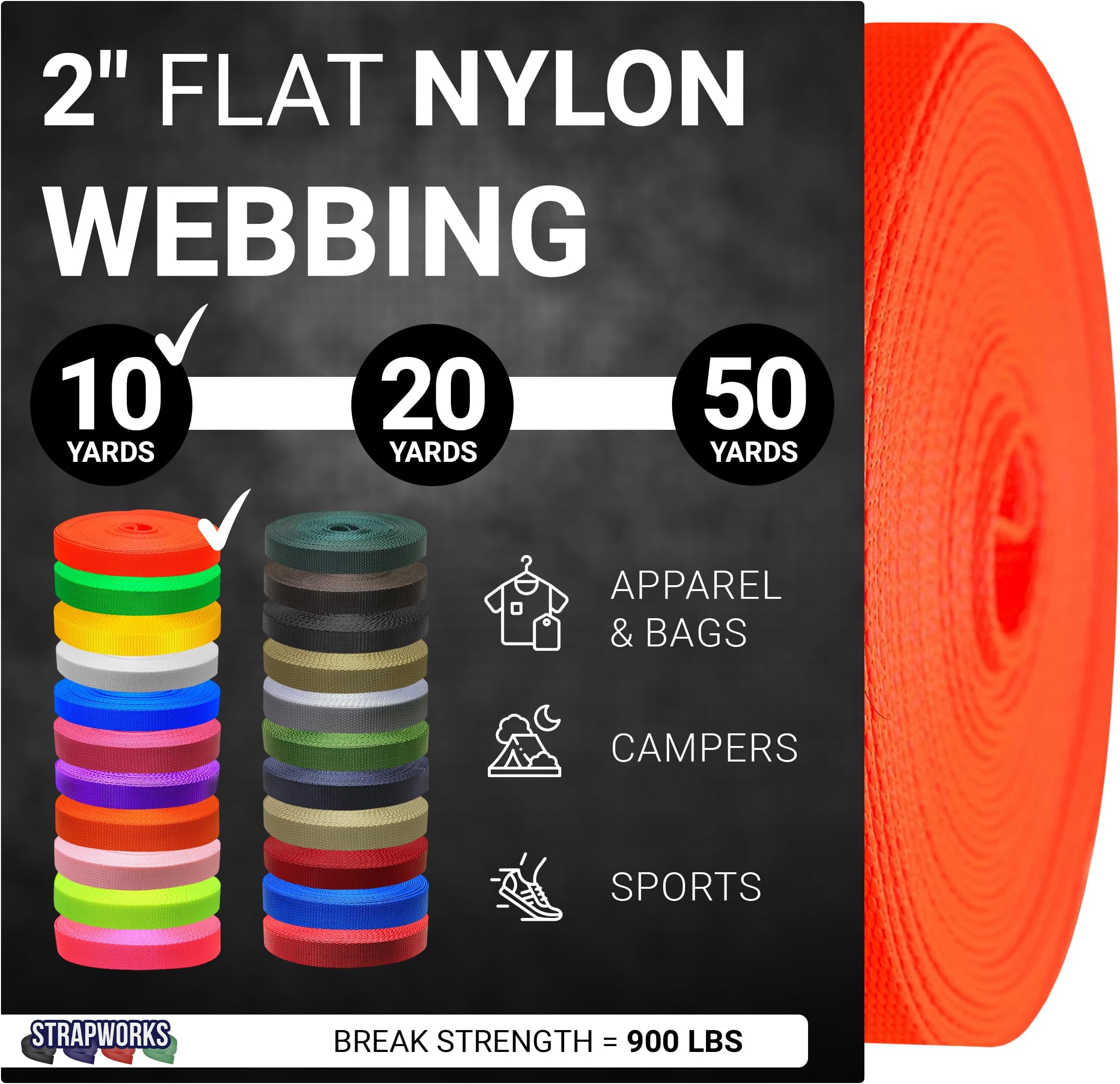 2 Inch Heavy Duty Nylon Webbing Strap Roll for Belt, Backpack, Sling, Collar, Leash, Strapping and More, 10, 20, or 50 Yards, Over 20 Colors