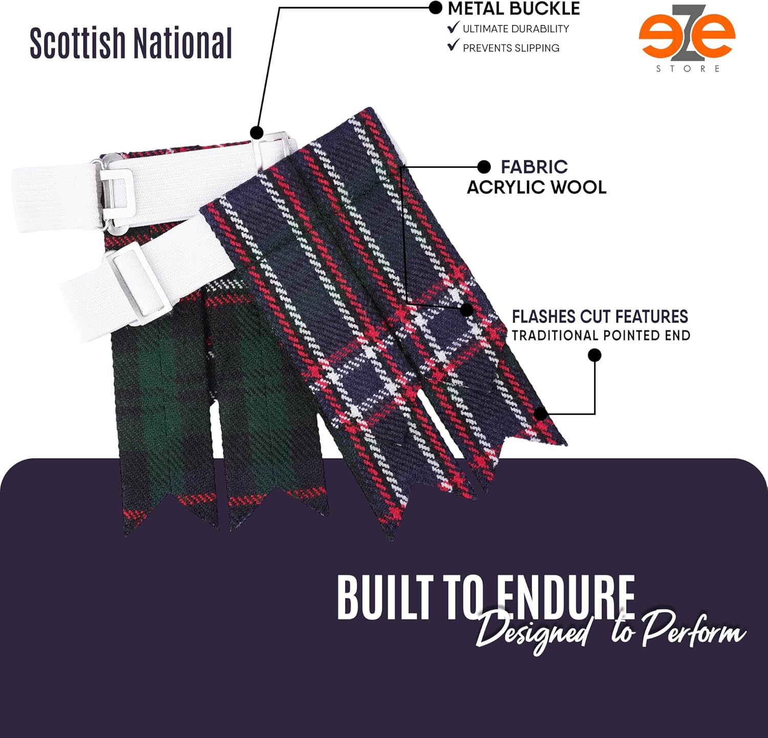 EZE Kilt Flashes for Men with Heavy Buckle Adjusters, Plain & Tartan Kilt Sock Flashes Acrylic Wool - Image 2