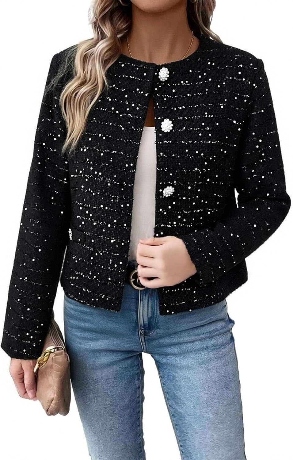 Women's Short Tweed Blazer Casual Fashion Round Neck Sparkly Jacket