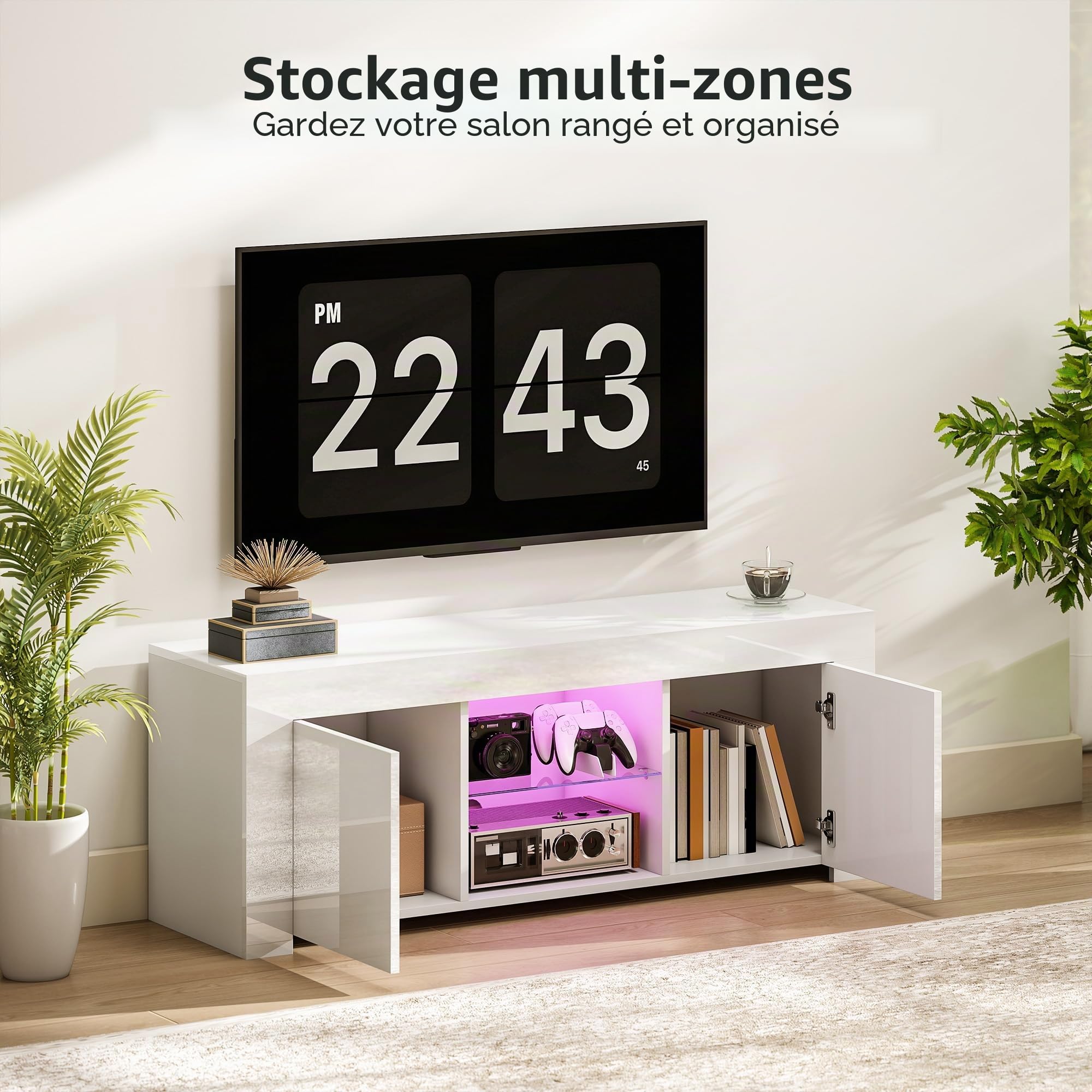 HOMCOM Meuble TV avec LED, pour TV 55 pouces, blanc, 120x34x45cm