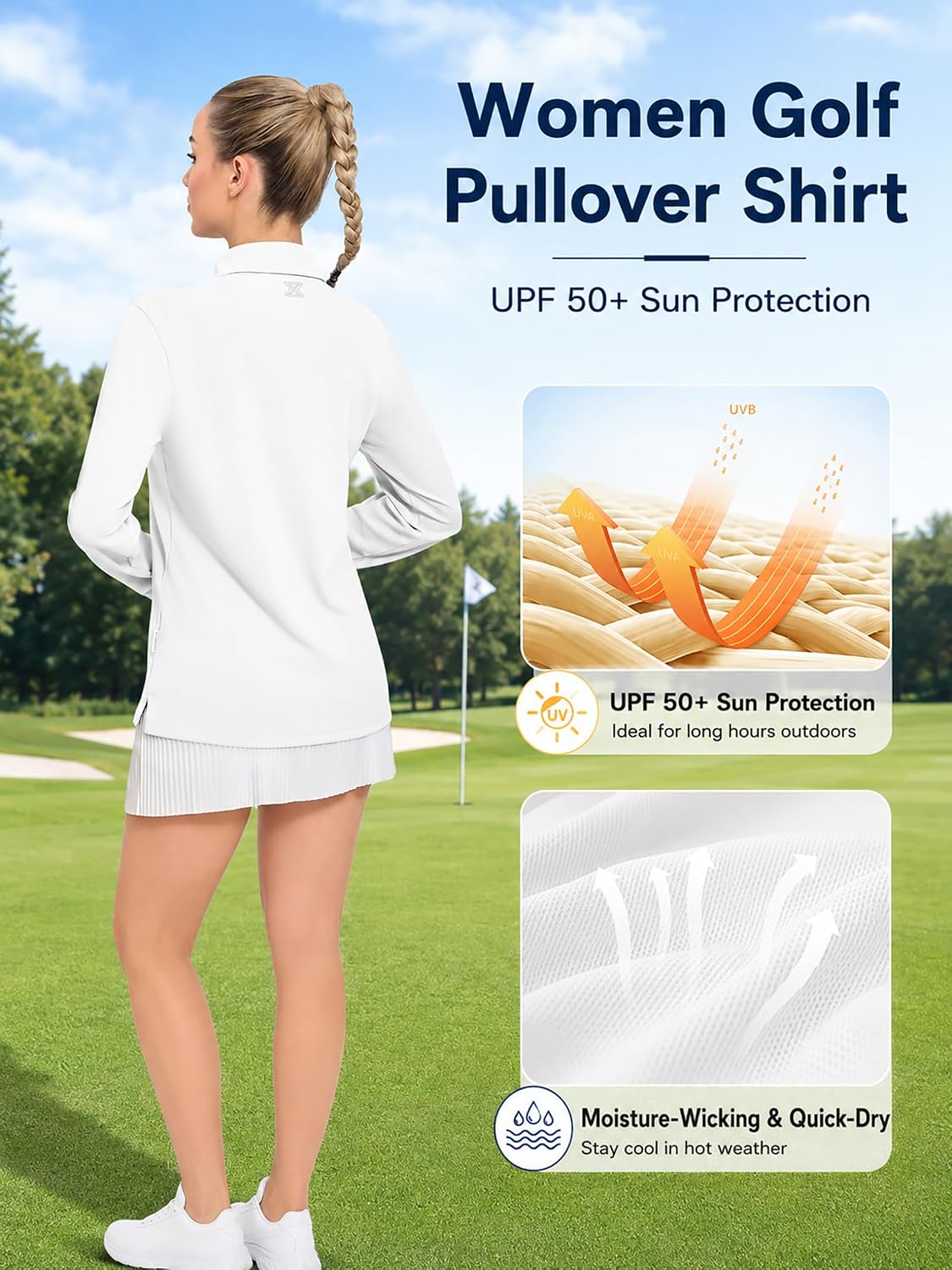 Womens Golf Quarter Zip Pullover Lightweight 1/4 Zip Mock Neck Athletic Top UPF 50+ Long Sleeve Golf Tennis Shirt