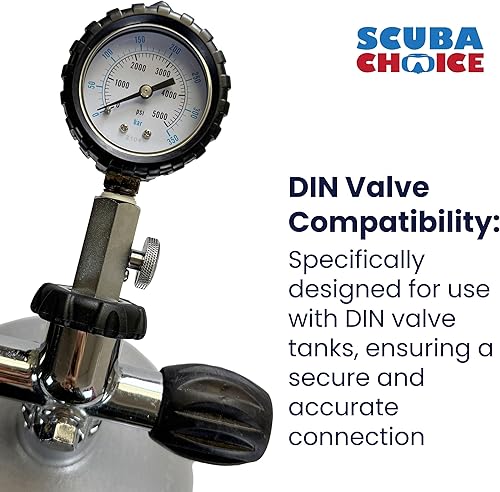 Miniatura 2 de Scuba Choice Comprobador de presión de tanque DIN - Calibre de 5000 PSI/350 BAR, accesorio duradero de válvulas de buceo de acero inoxidable, equipo