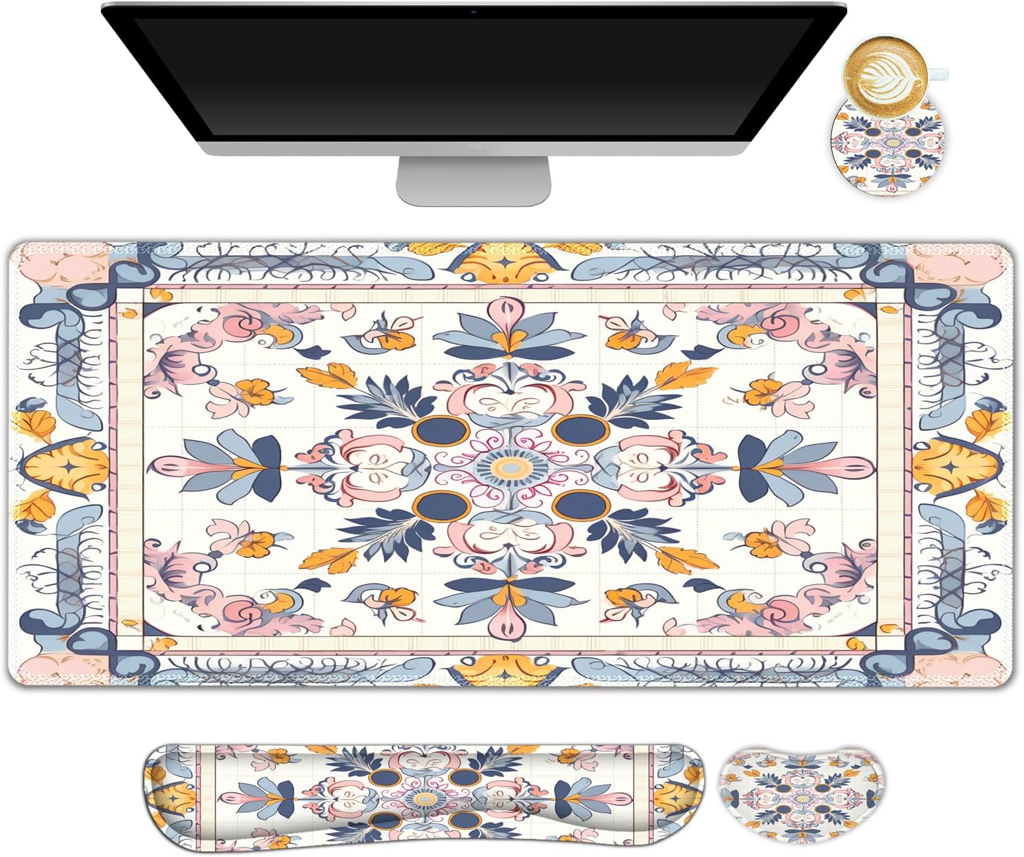 DINKY Large Mouse Pad and Keyboard Wrist Rest Combo, Extended Mouse Pad with Wrist Support, Non-Slip Desk Mat Protector Desk Blotter for Keyboard and Mouse,Retro Boho Art