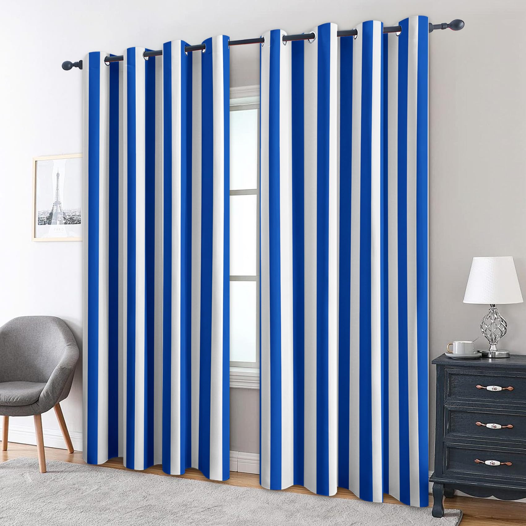 Cortinas opacas a rayas azules y blancas para dormitorio y sala de estar, juego de cortinas con ojales de 72 pulgadas, bloqueo de luz, tratamientos de ventana que mejoran la privacidad