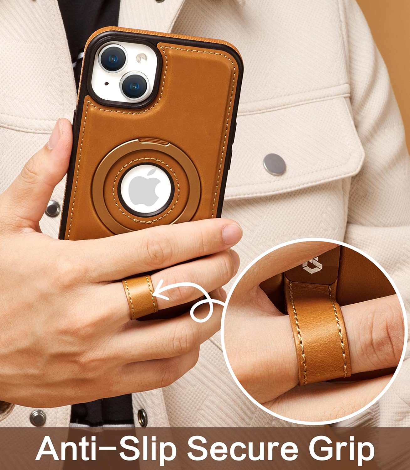 for iPhone 15 Plus/iPhone 14 Plus Leather Case with Stand, Anti-Slip Grip Ring, Fits for MagSafe (Brown, IP15/14 Plus-6.7inch) - Image 3