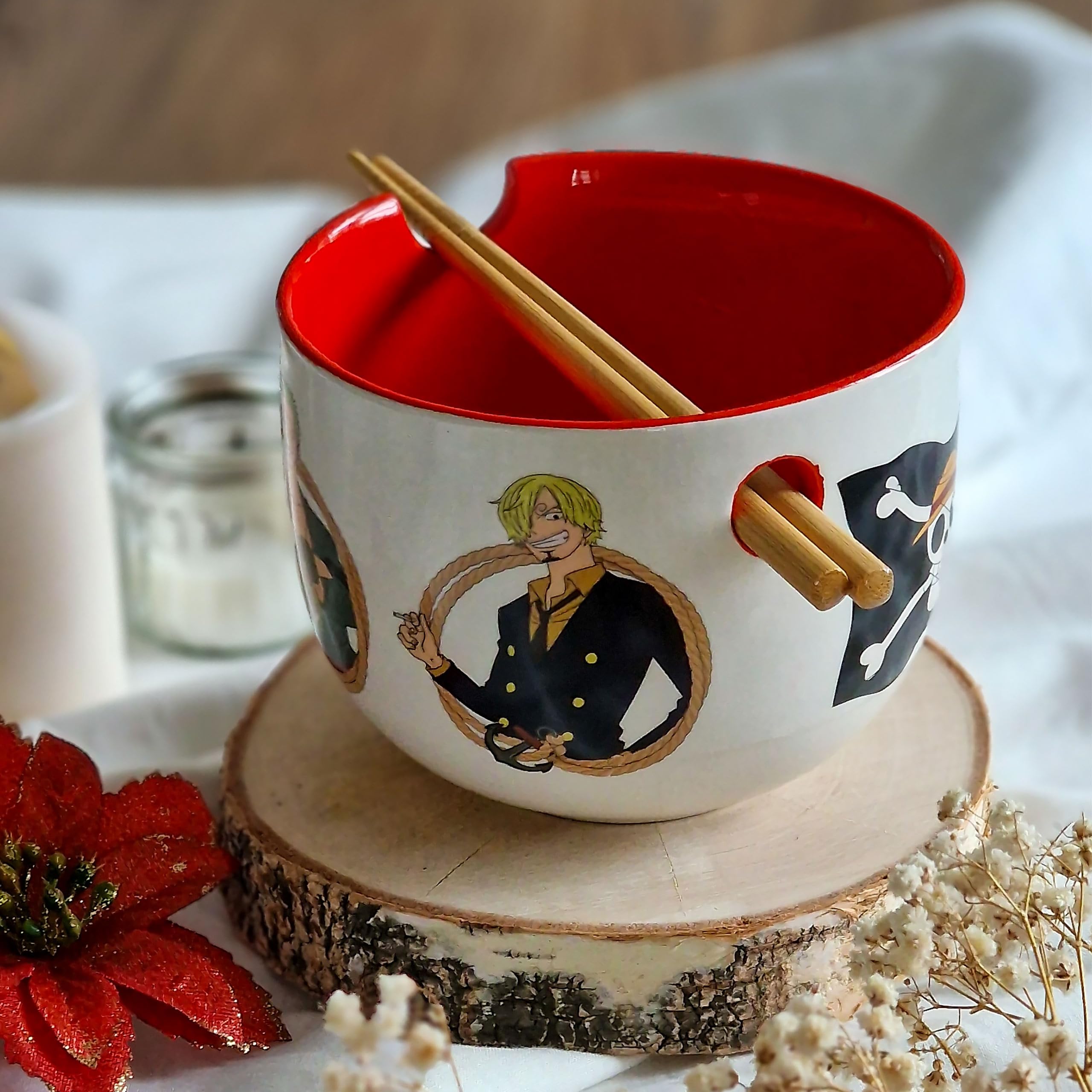 Elbenwald - One Piece - Monkey D. Luffy Ramen - Cuenco con palillos (500 ml, cerámica), color blanco