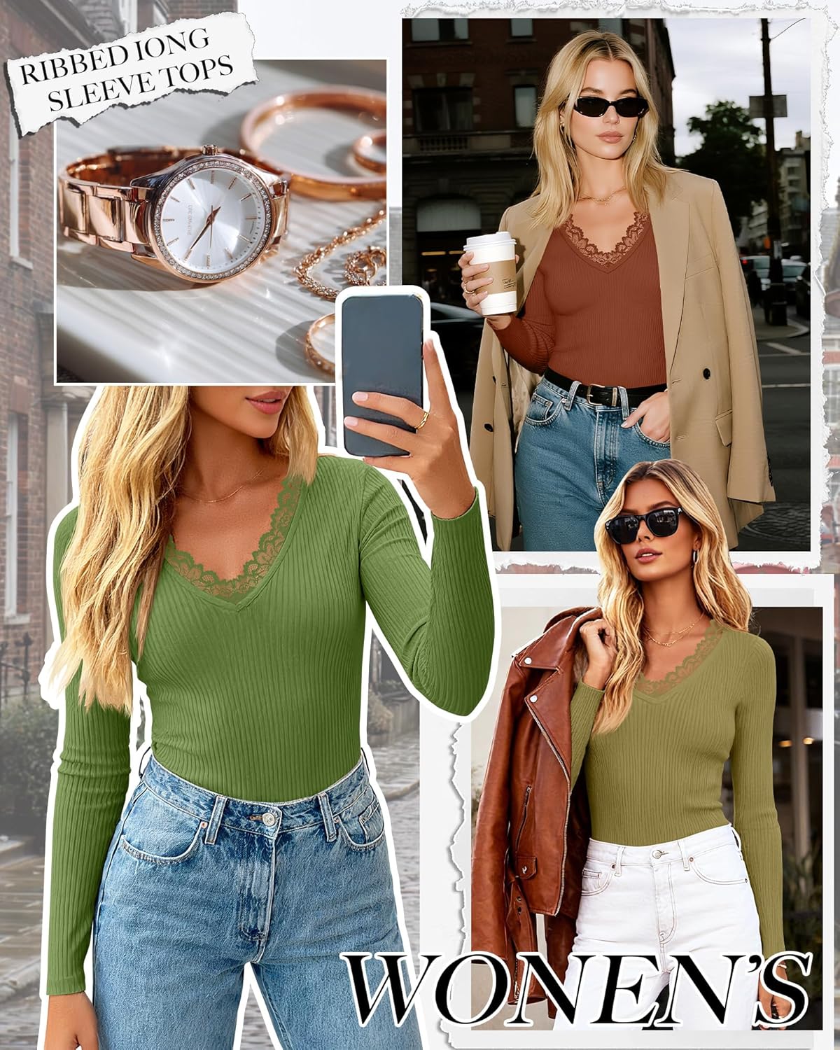 3 Pack Women's Cotton Long Sleeve Tops V Neck Ribbed Knit Lace Sexy Shirts Slim Fit Dressy Casual Tight Basic Tees - Image 2