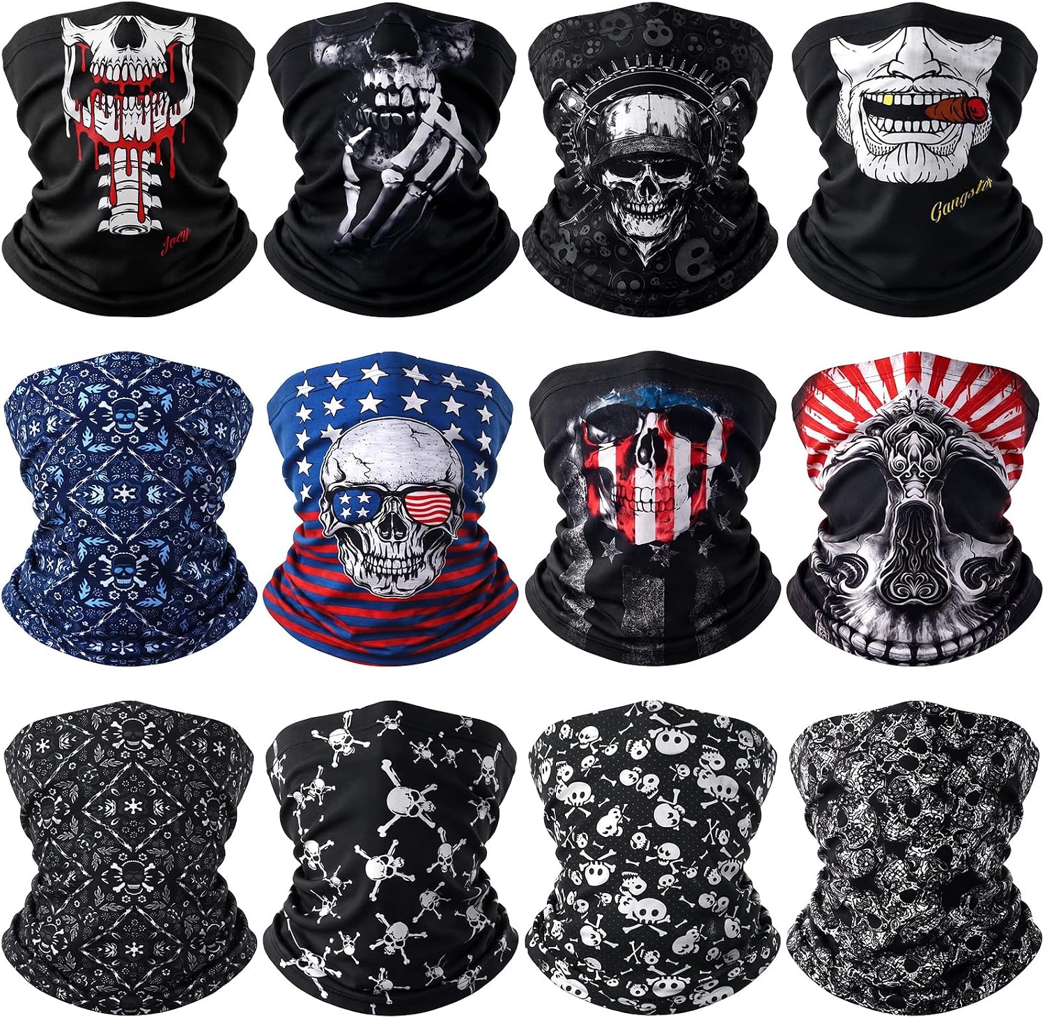 12 Pack Neck Gaiter Skull Seamless Bandana Sun Dust Protection Face Cover Men Women Outdoor Rave Balaclava Face Mask Scarf Halloween Accessory Skull Tube Headband