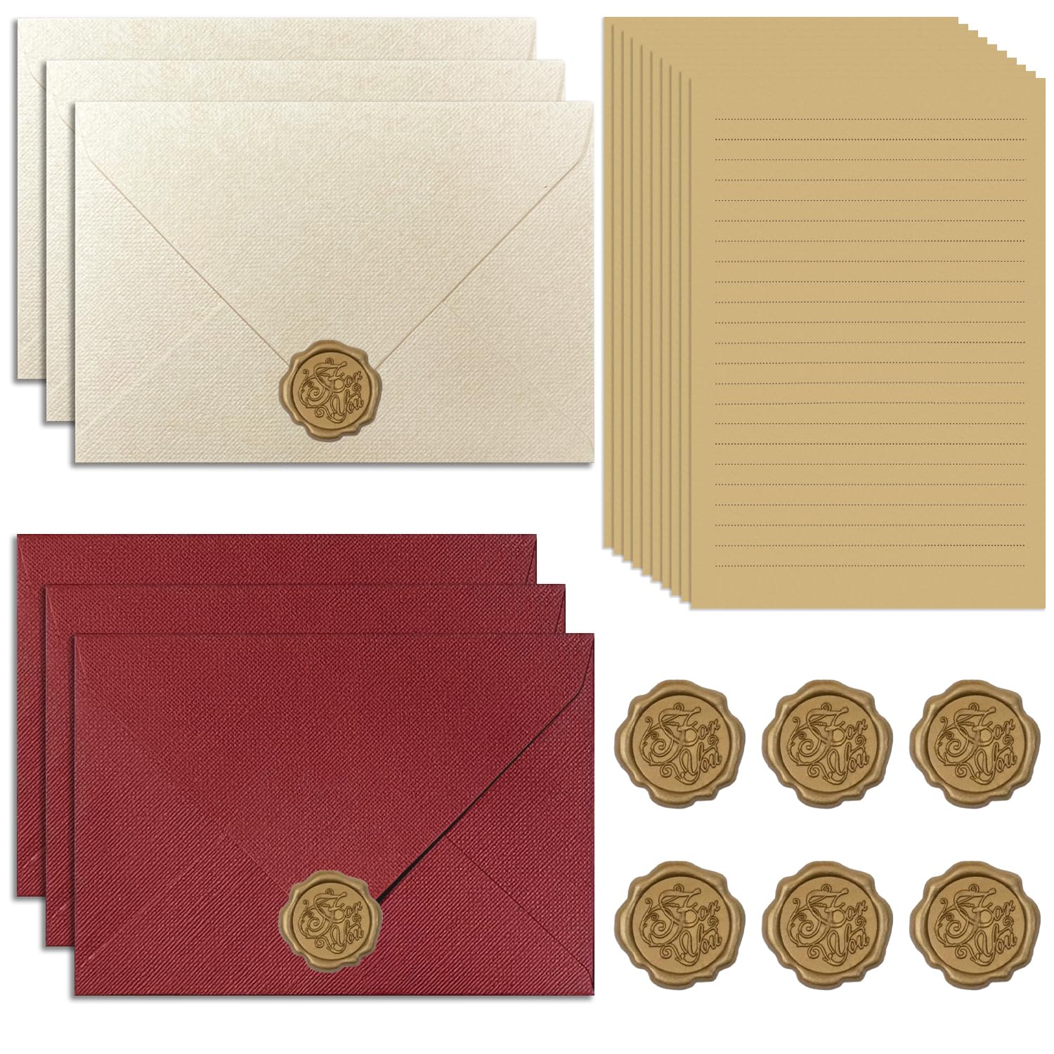 Writing Paper and Envelopes Sets | 6 Tree Texture Vintage Envelopes (Red/Ivory) | 6 Wax Seals and 10 A5 Kraft Lined Papers | Writing Set for Romantic Love Letters Holiday Cards