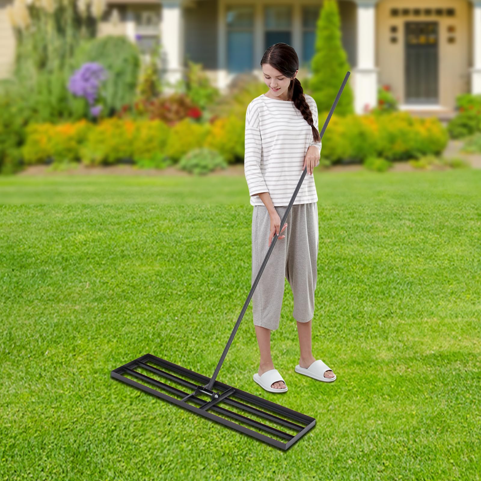 Rastrello livellatore per prato, attrezzo da giardinaggio per la cura del prato con manico da 175 cm, angolo flessibile, per cortili, giardini, fattorie, prati, angolo di rotazione 180°, dimensioni