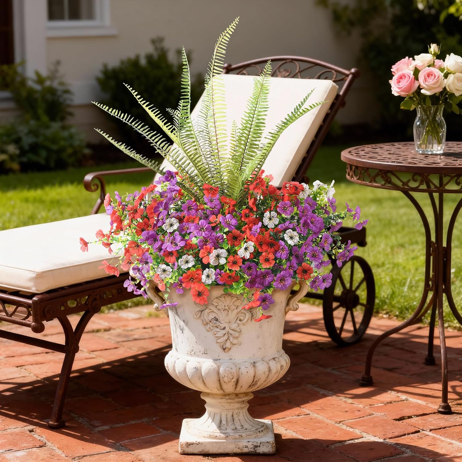 INQCMY Artificial Flowers for Outdoor 12 Pcs Faux Silk Daisy and 1 Pcs Fake Long Leaved Grass UV Resistant Tall Ferns for Home Doorway Courtyard Garden Backyard Decorative
