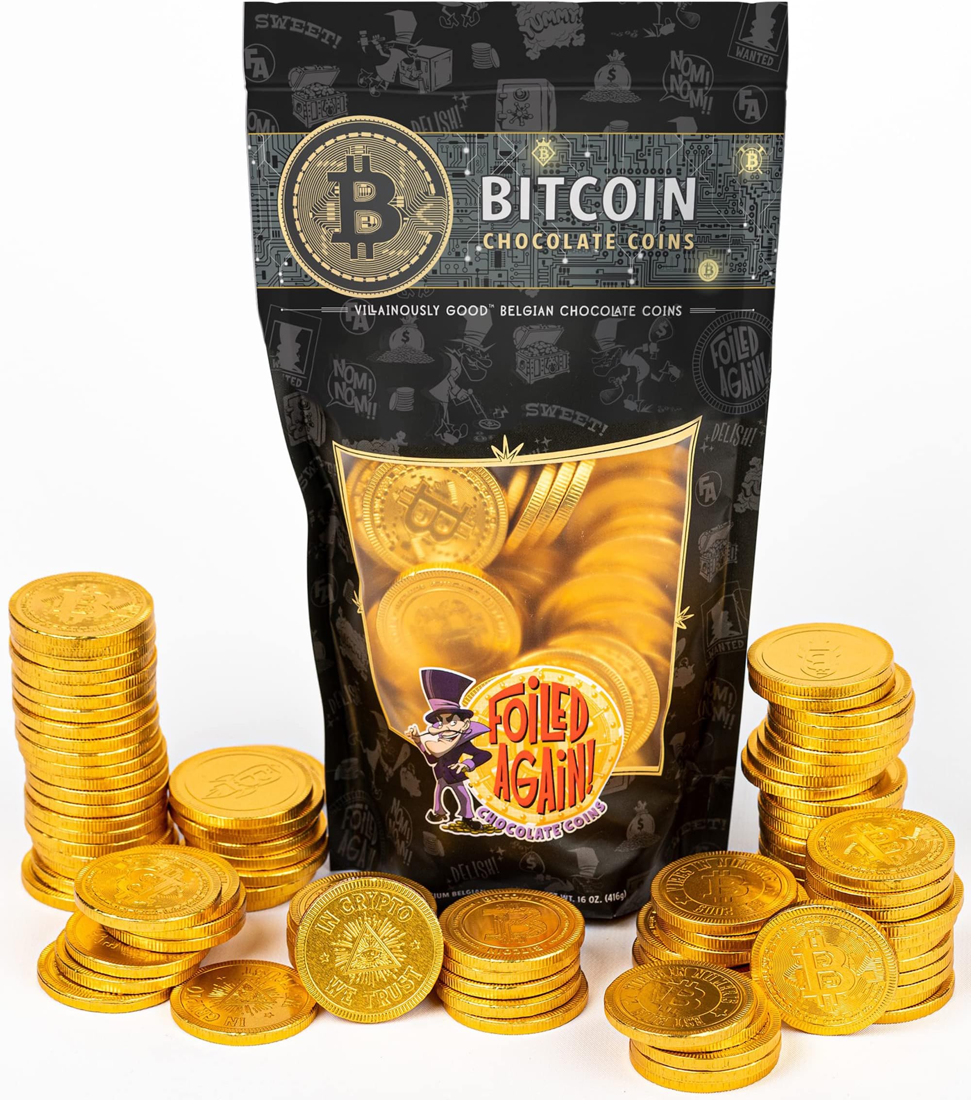 Foiled Again! Chocolate Bitcoins - Belgian Milk Chocolate Coins - Assorted Crypto Designs - BTC Gift - 80 Large Bitcoins - 1 pound