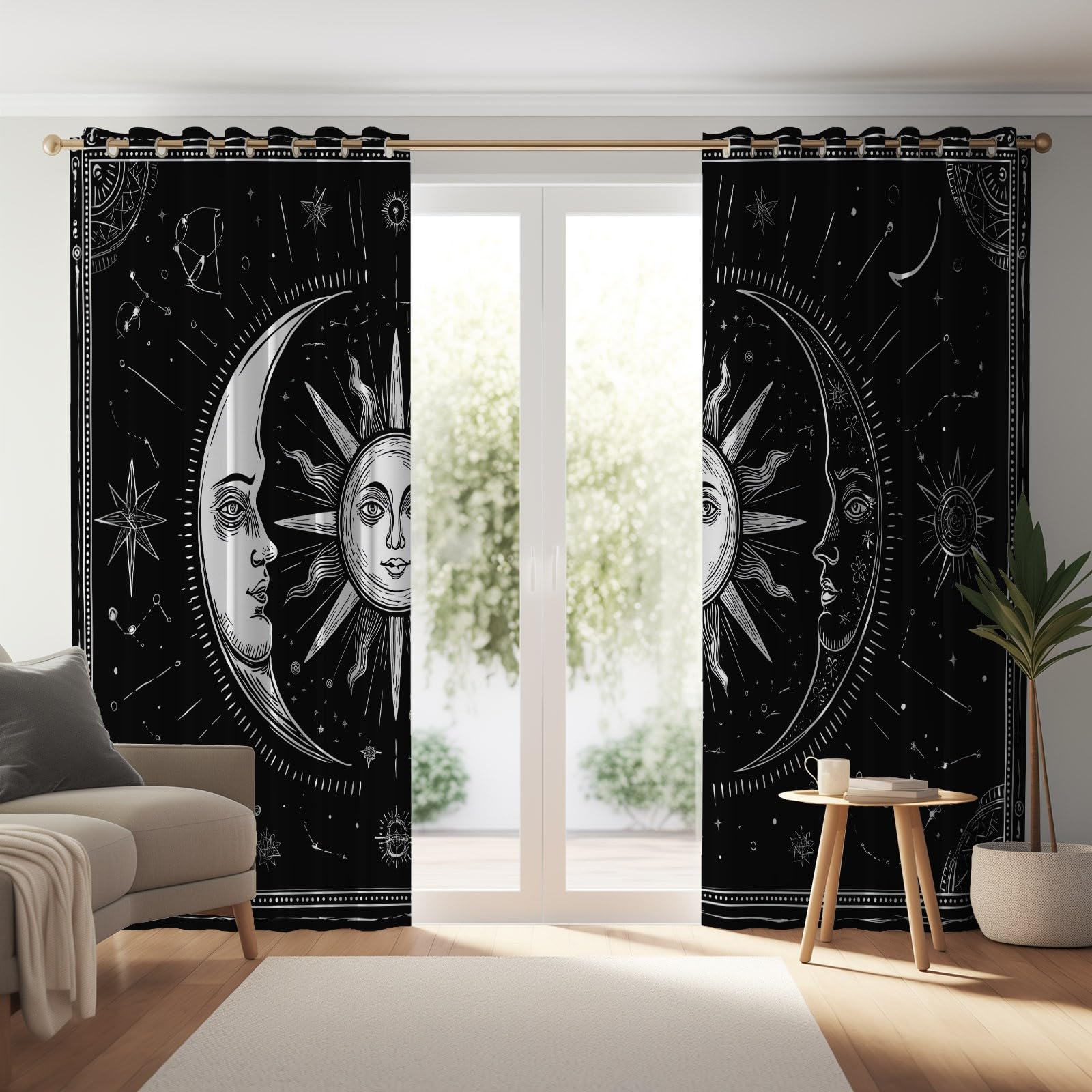 Tende Oscuranti Termiche L 140 x A 260 cm 2 Pezzi Retro Fantasy Sole Luna E Astrologia Nero Anti Luce Anti UV Isolanti Dal Calore Con Occhielli