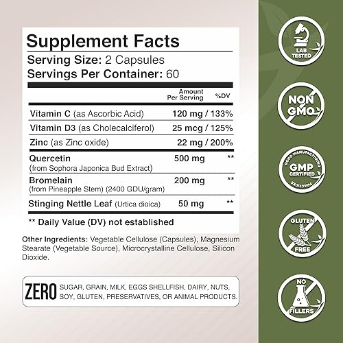 Miniatura 4 de Quercetina con vitamina C y zinc - Quercetina de ortiga - Quercetina 500 mg - Quercetina con bromelina - Quercetina de zinc + vitamina D3 - 120