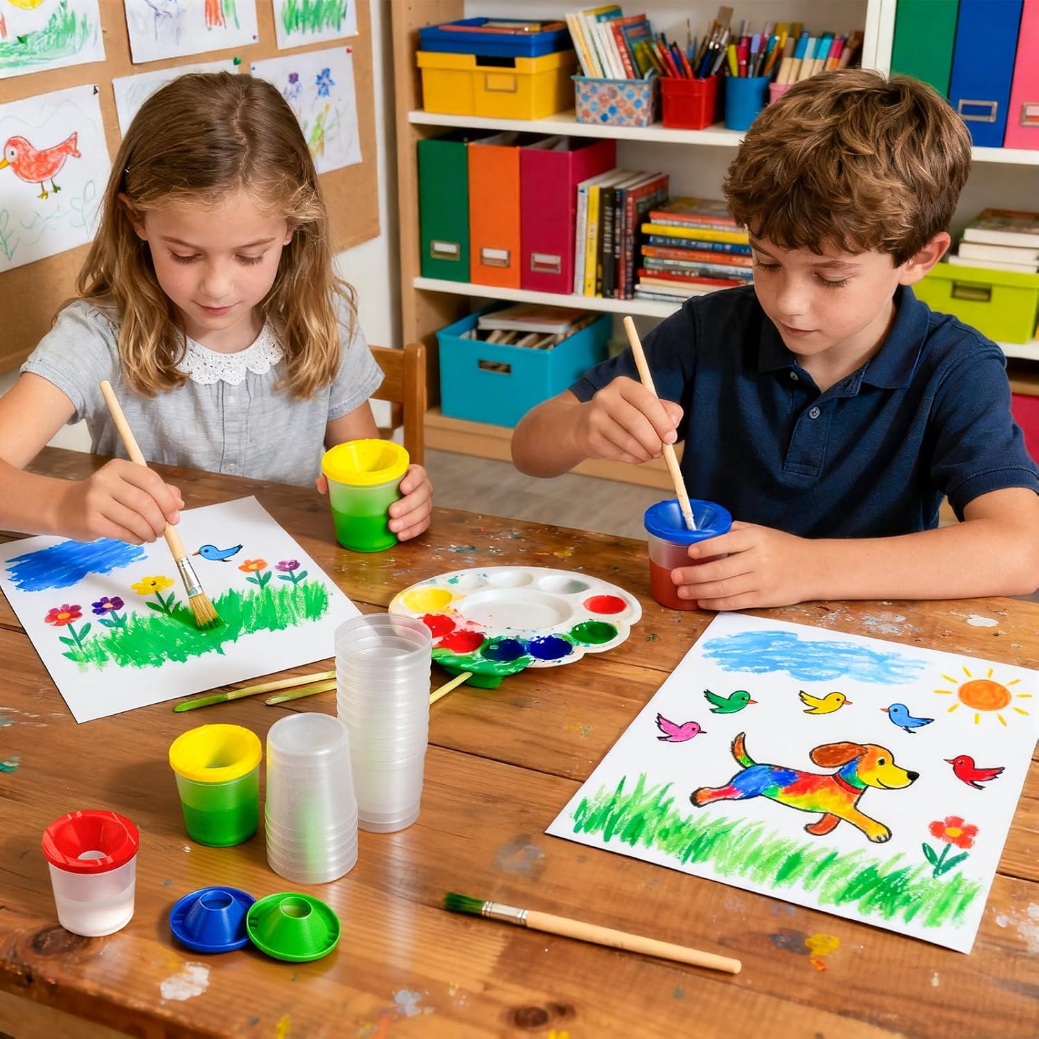 No Spill Paint Cups, 48pcs Paint Cups with Lids for Kids Suitable for Kids Paint, Spill Proof Paint Cups are Ideal for Classroom Art Supplies and Crafts, Durable Paint Cups with Lids(4 Colors)