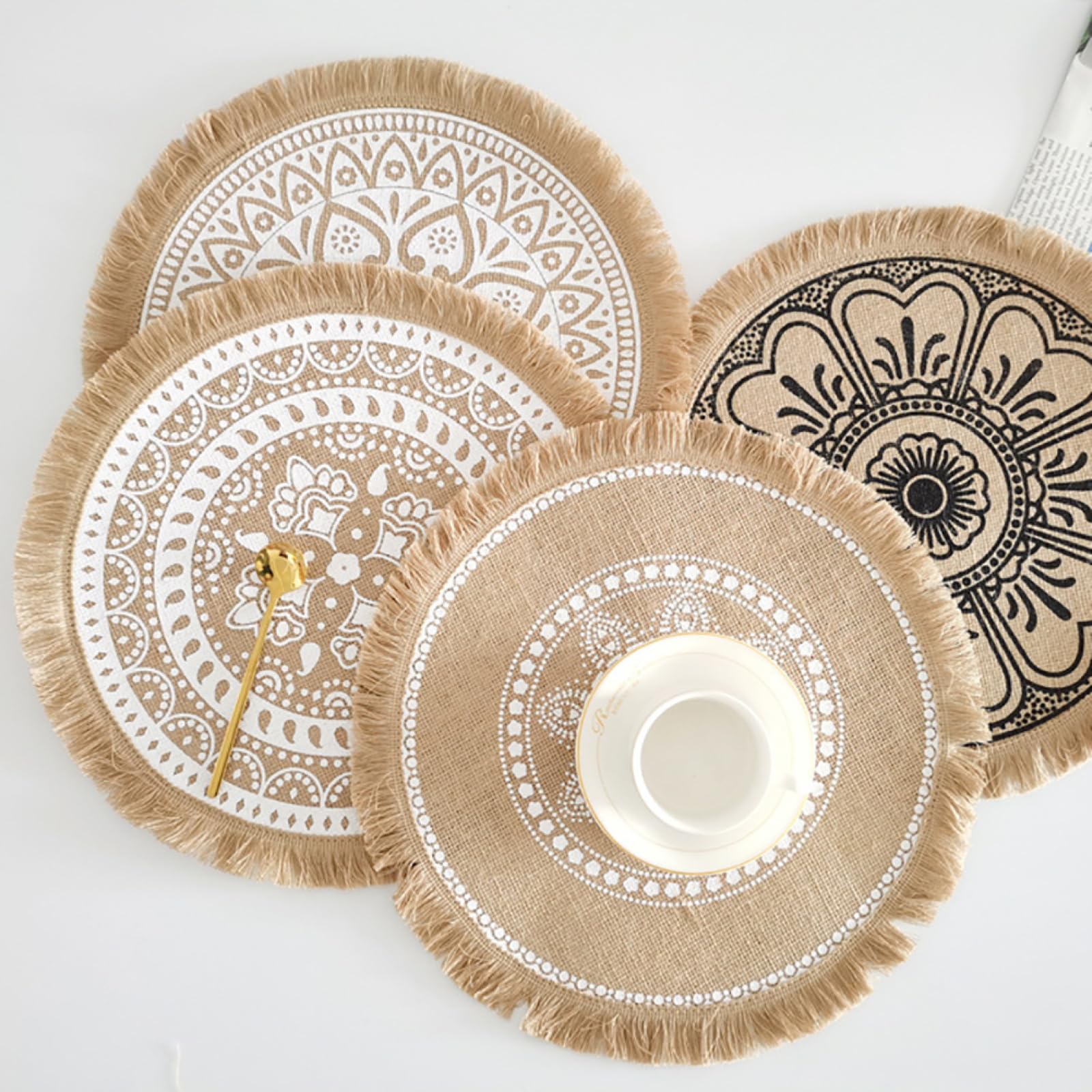 38cm(14.9in) Manteles Individuales Estilo Nórdico con Borla|Salvamanteles Creativos Boho|Salvamanteles Redondos para Mesa De Cocina,Restaurante,Cafetería,G,10 Piezas