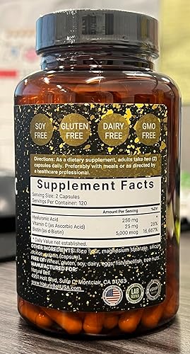 Vista 10 de NatureBell Paquete de 2 suplementos de ácido hialurónico a base de plantas de 250 mg con 25 mg de vitamina C y biotina de 5000 mcg, 480 cápsulas