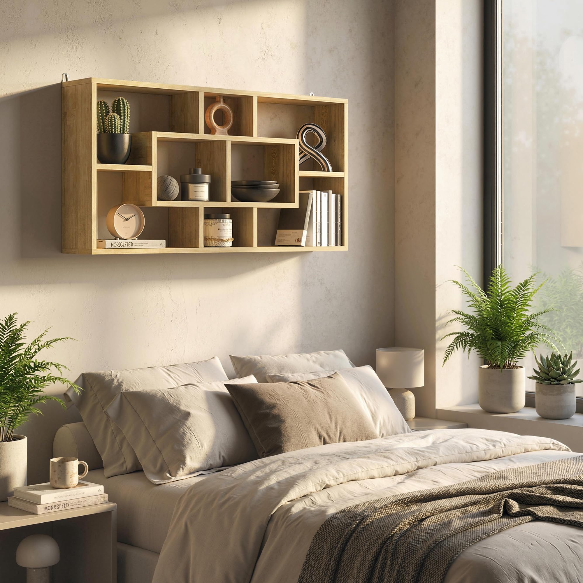 HOMCOM Estante de Pared Decorativo, Estantería para Libro, CDs, Baldas Flotantes con 8 Cubos, 85x14,5x47,5 cm, Carga 20kg, para Oficina, Estudio, Salón, Roble
