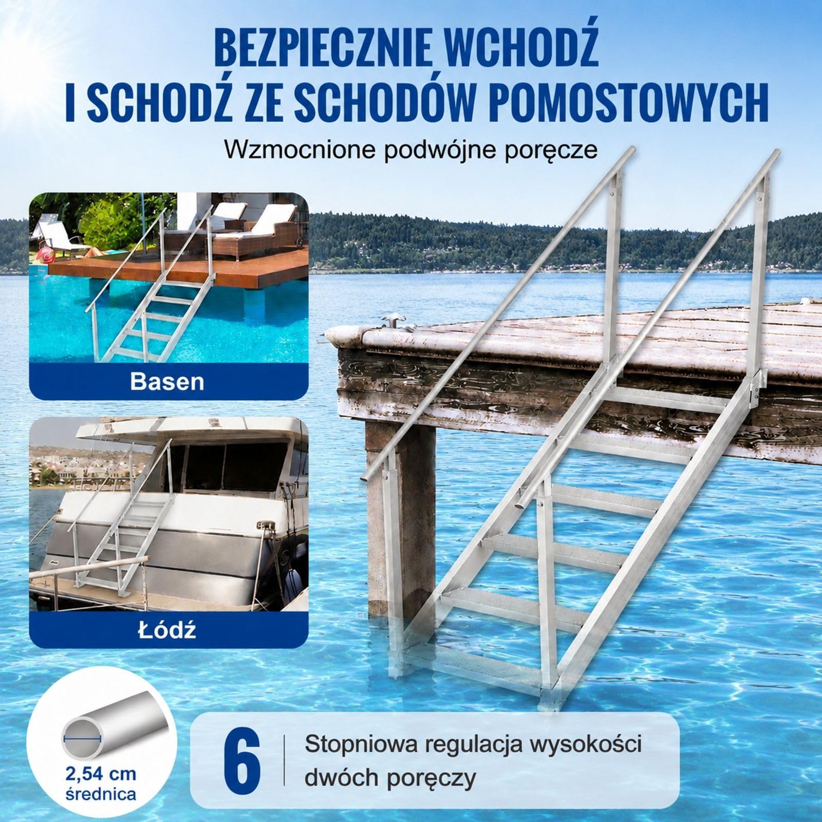Aluminiowa drabinka dokowa, 6 stopni, dwie poręcze, nośność 250 kg, do łodzi, portów oraz basenów